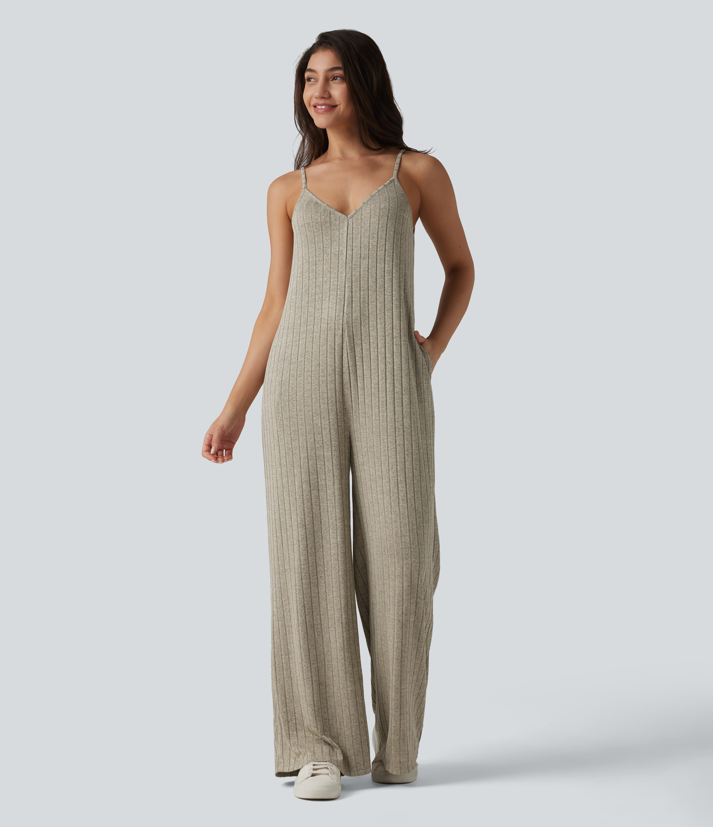 Ribbed Knit V Neck Casual Slip Jumpsuit with Pockets