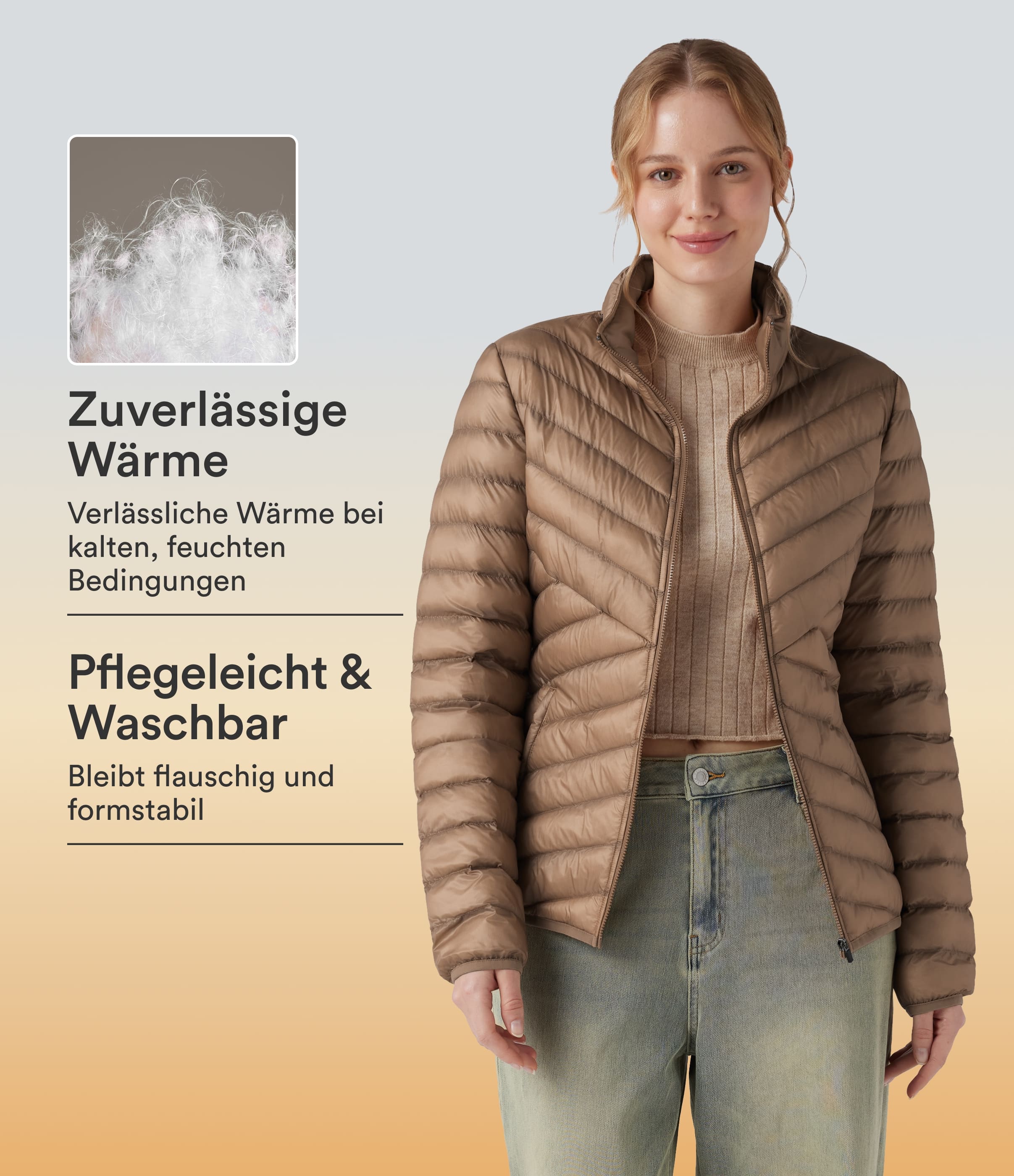 Lässige Kunstdaunenjacke mit Stehkragen, Seitentaschen, langen Ärmeln und Reißverschluss - verstaubar