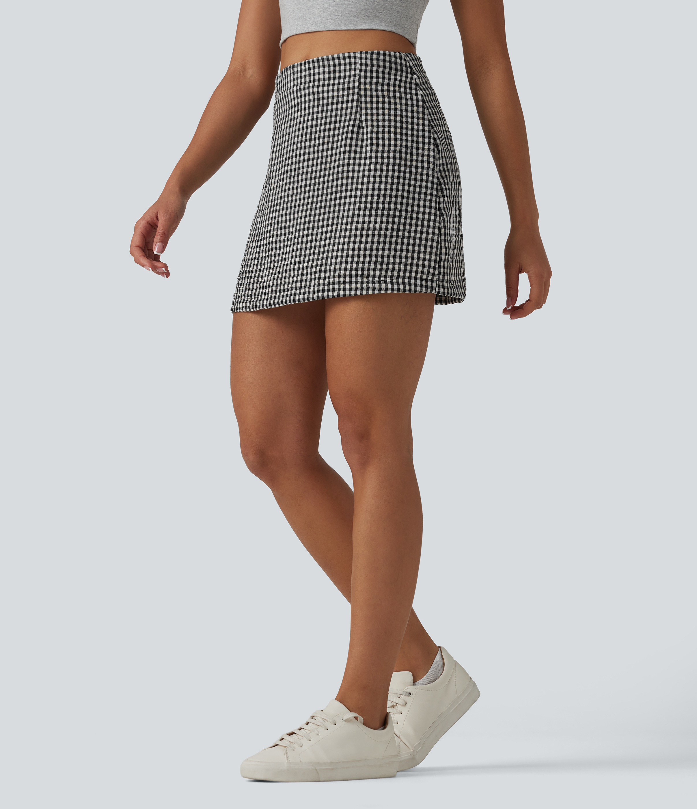 2-in-1 A-line mini skirt with high waist, check pattern and linen look