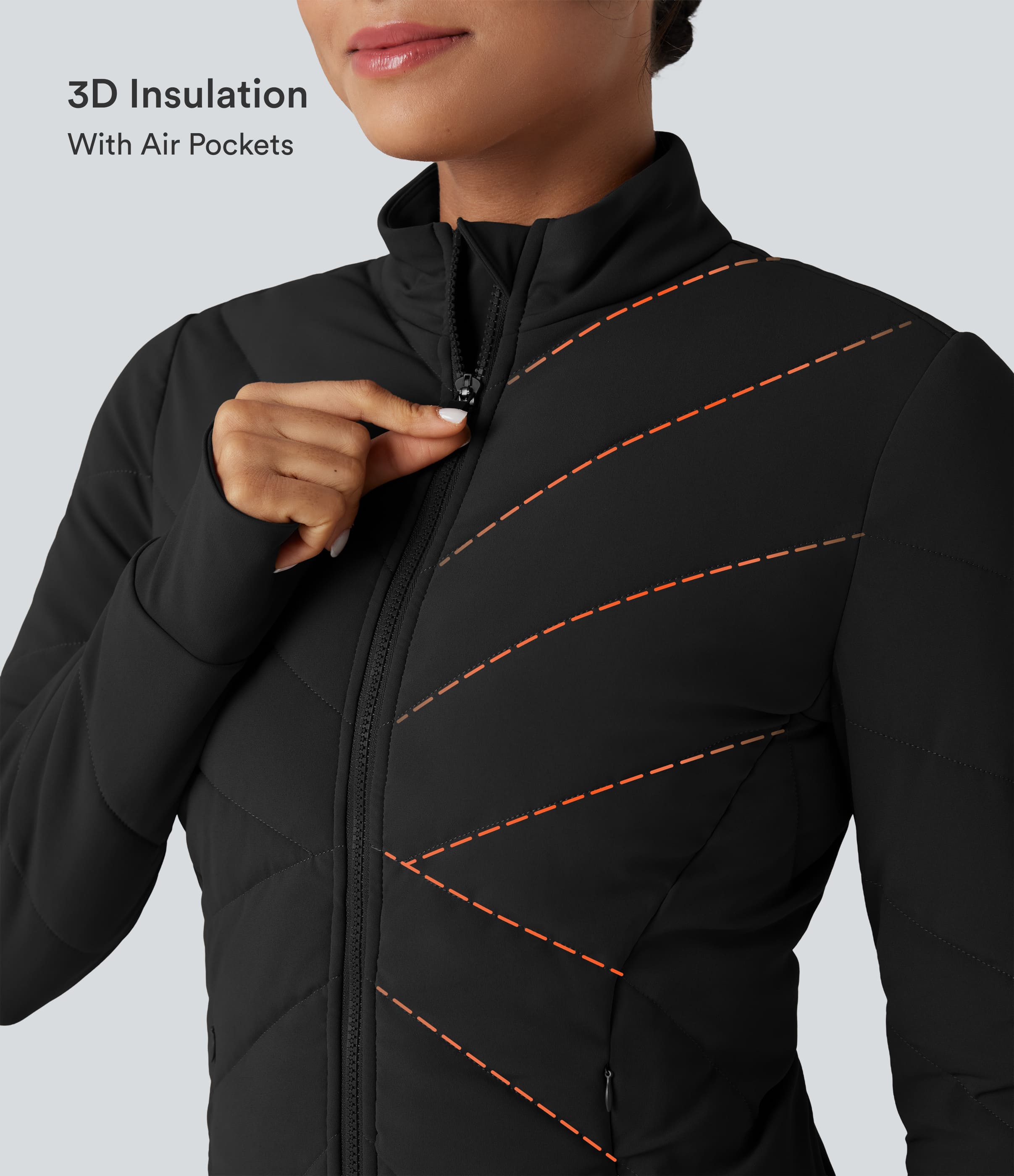 Noir Manteau décontracté à col montant, manches longues avec ouverture pour le pouce et poches / 2