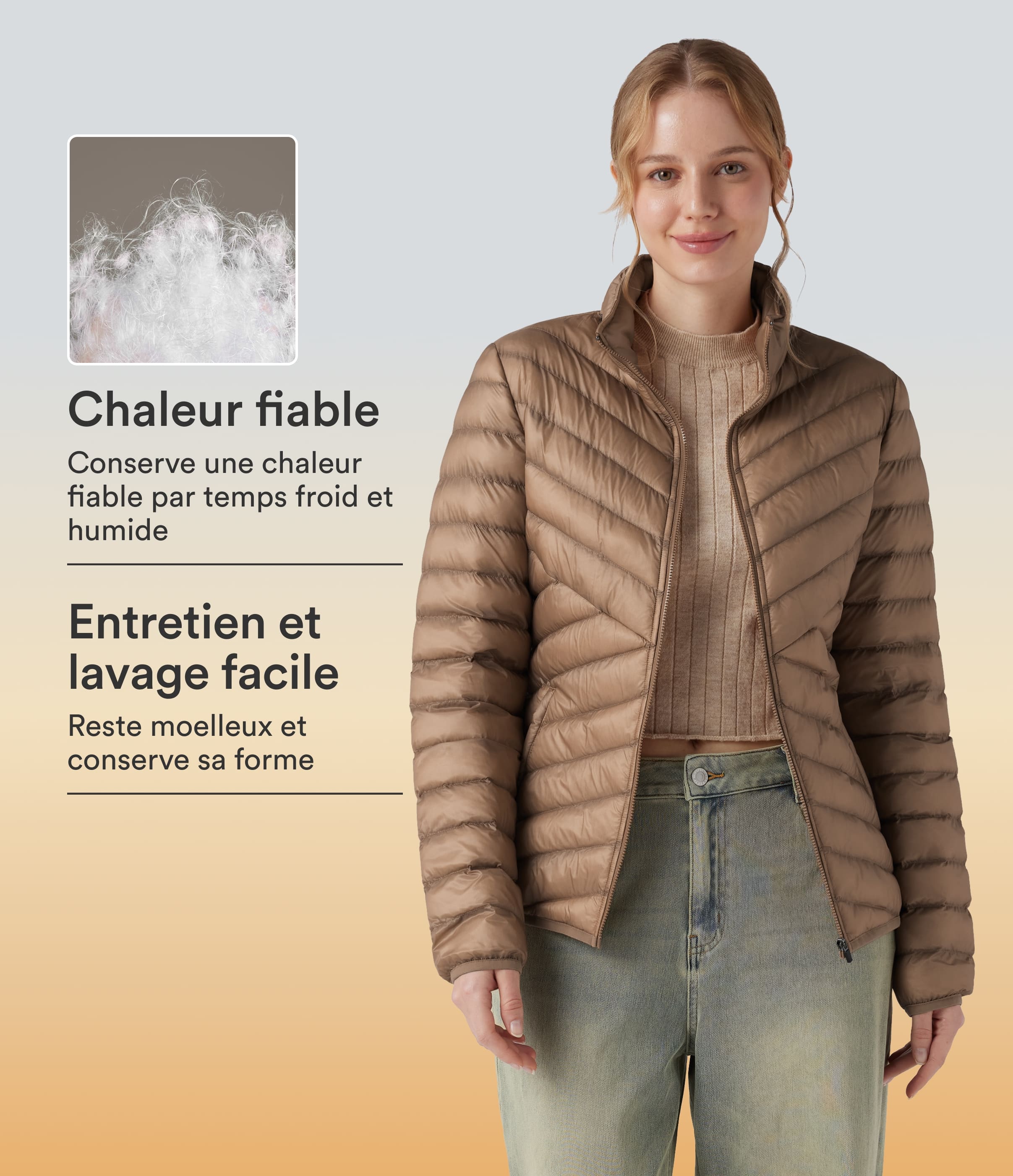 Veste casual compactable en duvet synthétique zippée à col montant et manches longues avec poches