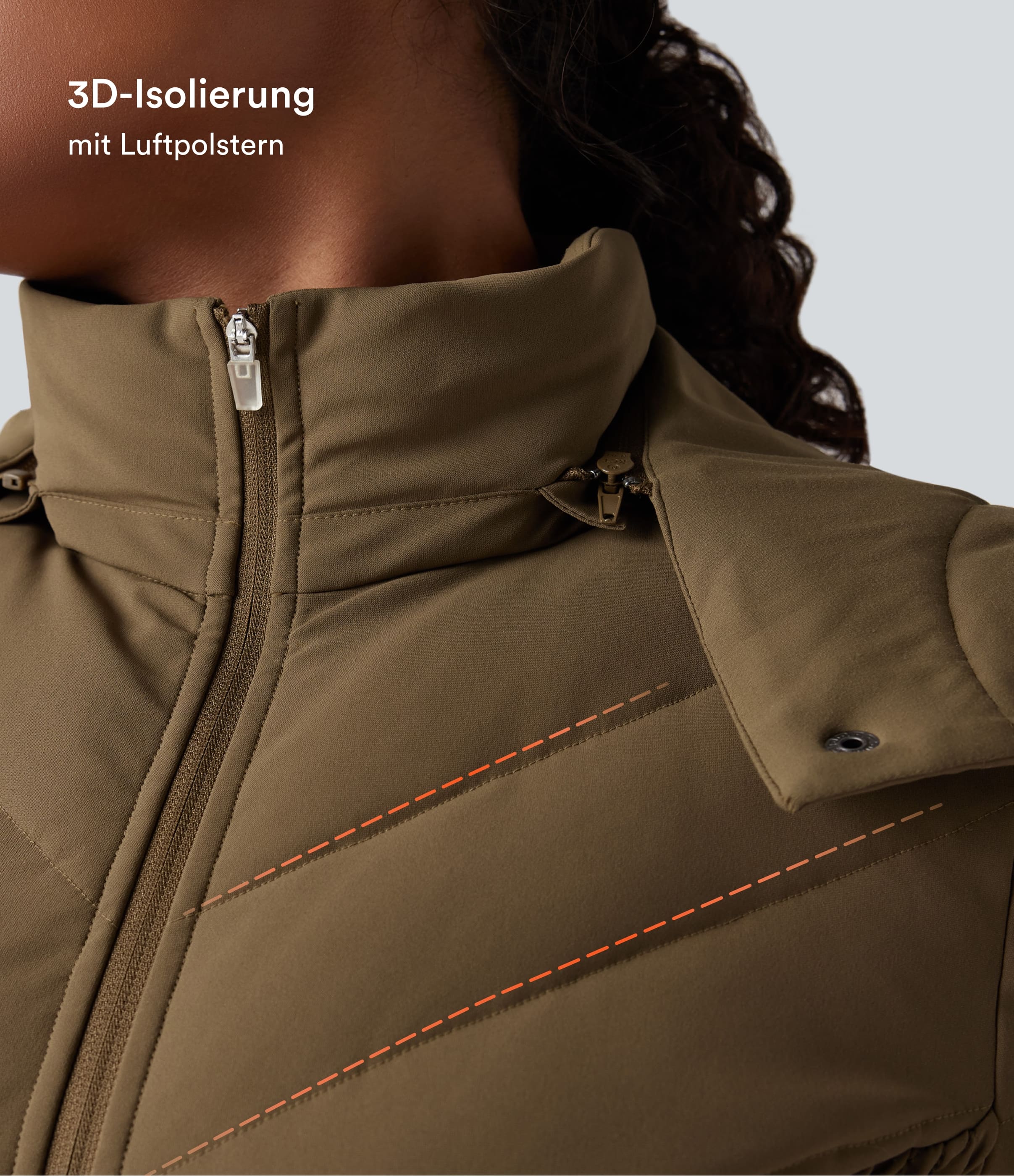 Chestnut Brown Lässige, geraffte Steppjacke mit abnehmbarer Kapuze, Seitentaschen und langen Ärmeln / 2