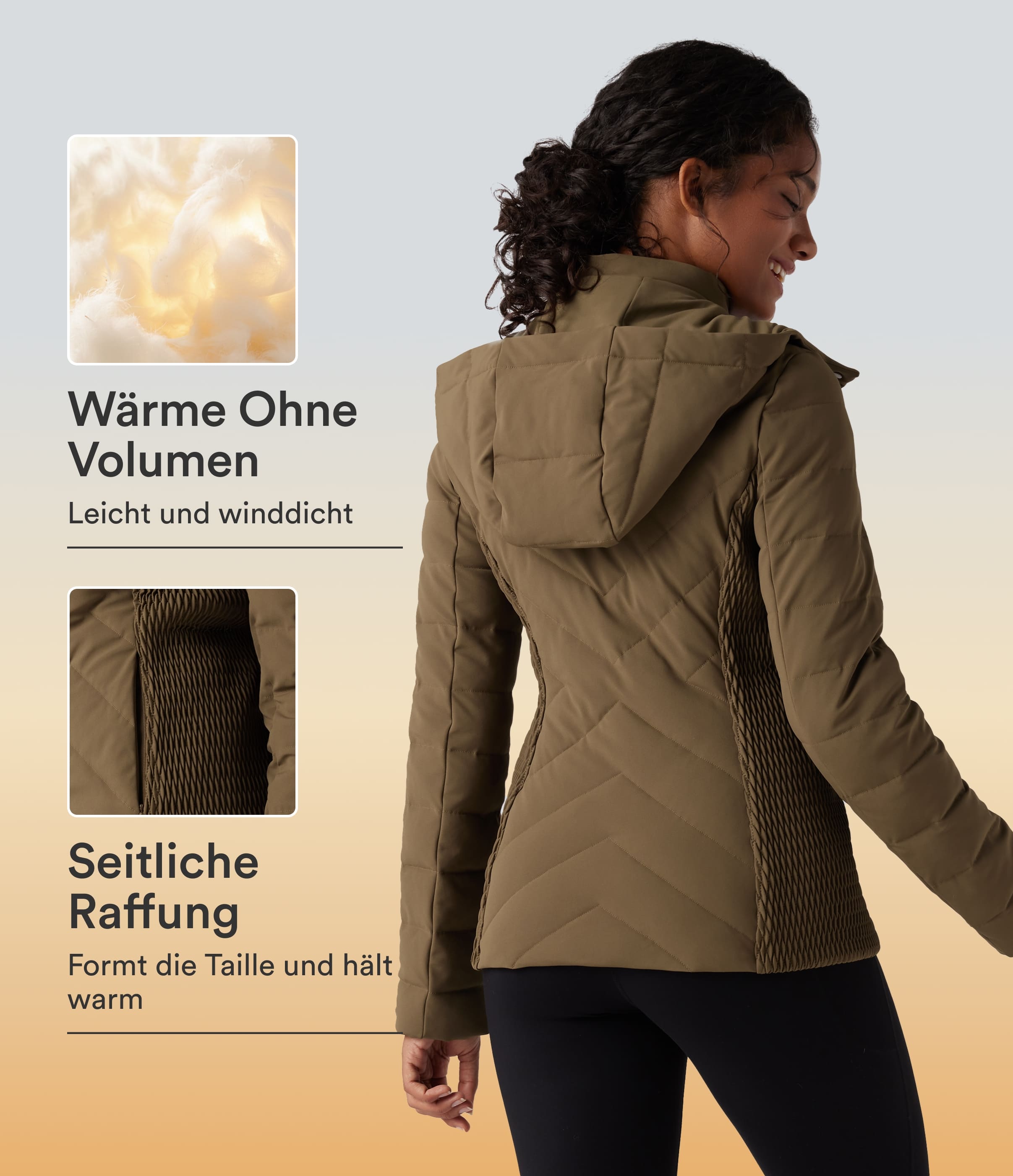 Lässige, geraffte Steppjacke mit abnehmbarer Kapuze, Seitentaschen und langen Ärmeln