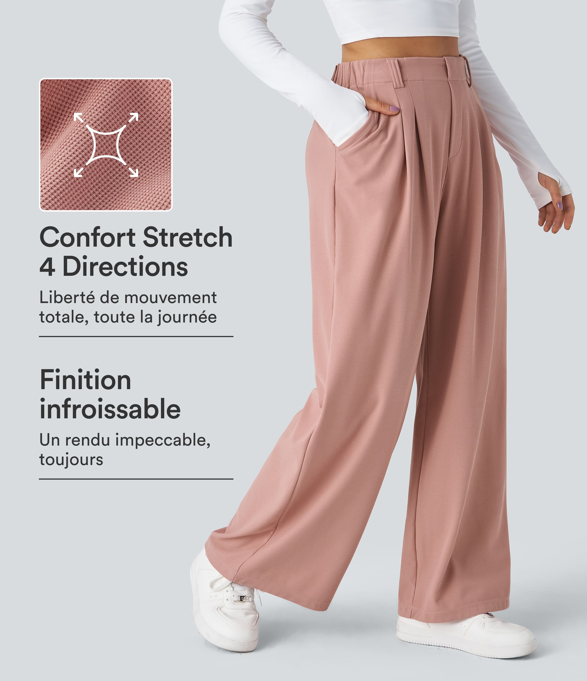 Halara Flex™ Pantalon Tailleur Large Fluide Gaufré Taille Haute Poches Latérales