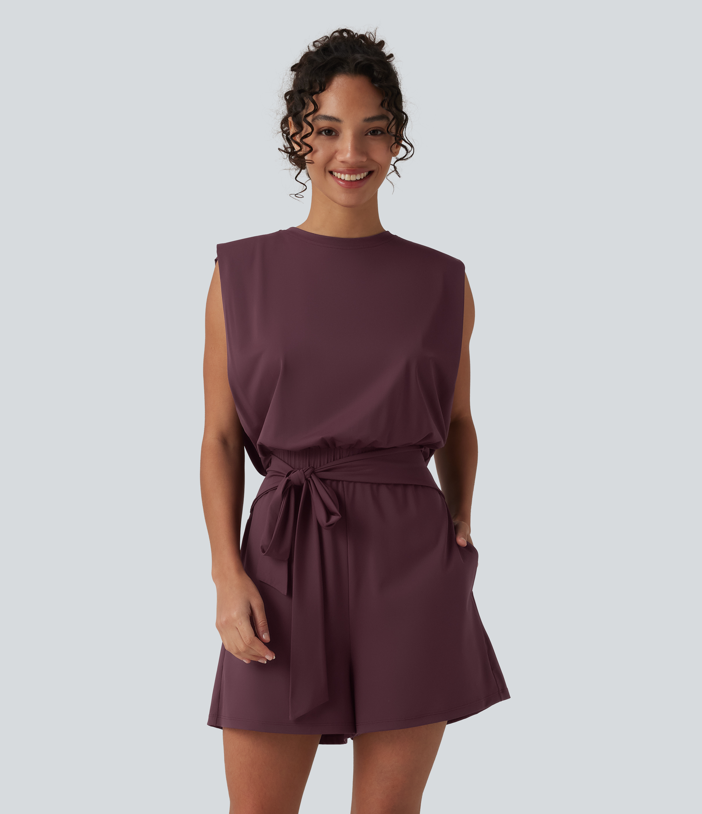 Round Neck Sleeveless Tie-front InstantCool Casual Romper with Pockets-Easy Peezy-UPF50+