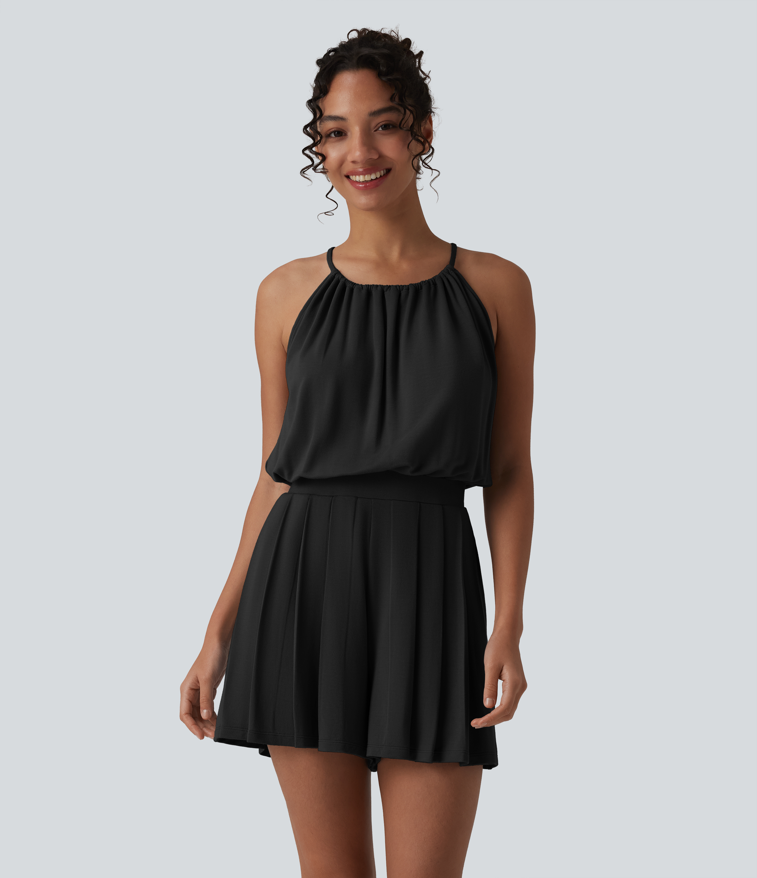 Halter Sleeveless Tie-back Pleated Casual Romper with Pockets-Easy Peezy