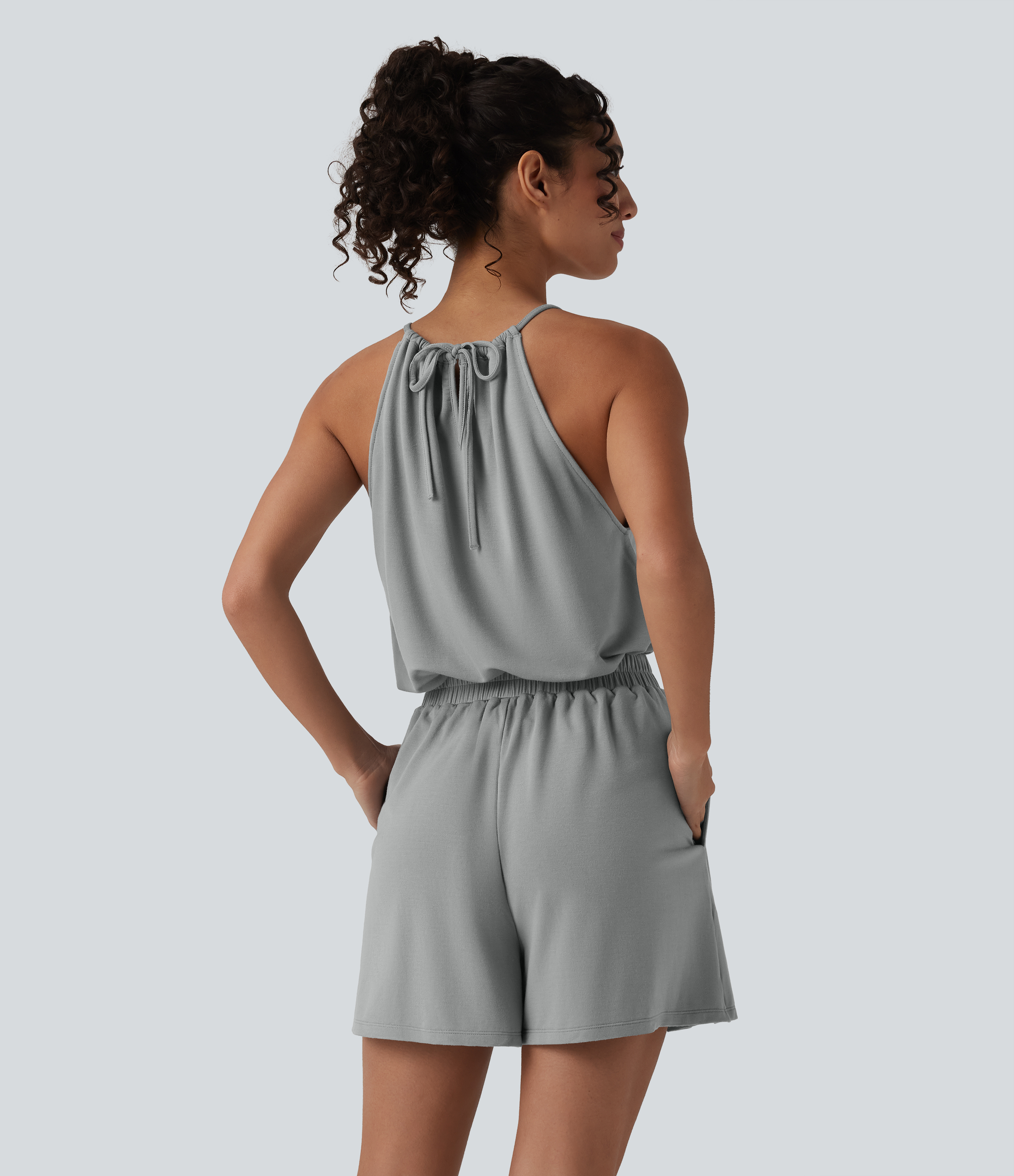Mist Grey Halter Sleeveless Tie-back Pleated Casual Romper with Pockets-Easy Peezy / 2
