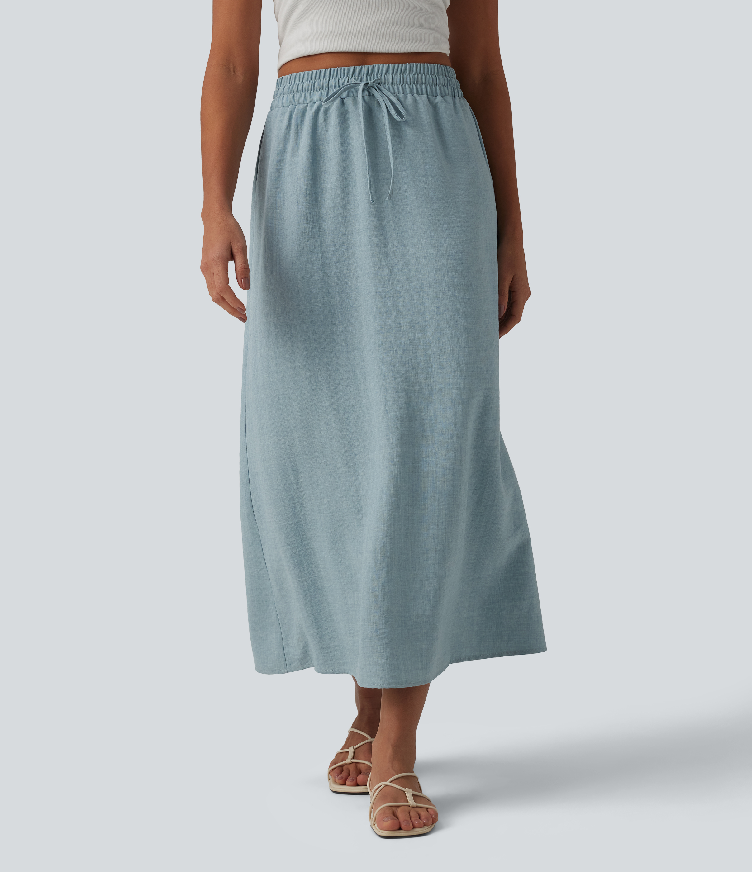 High Waisted Drawstring Maxi Linen-Feel Casual Skirt