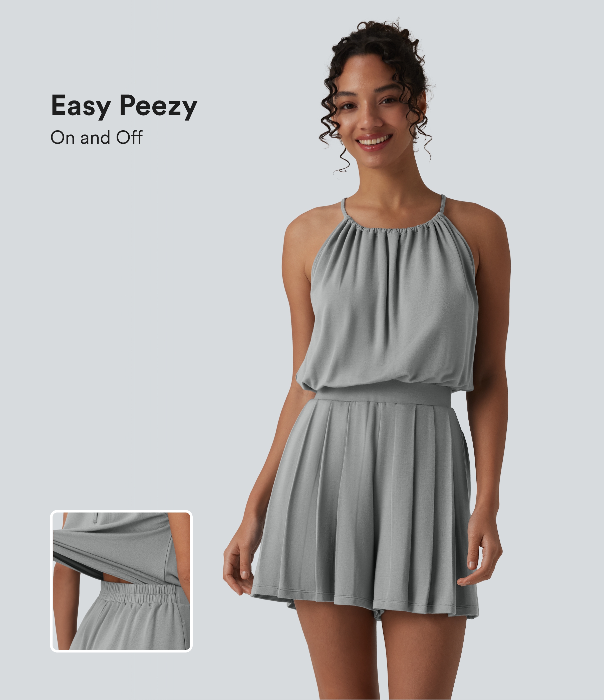 Plissierter, ärmelloser Jumpsuit mit Neckholder, Seitentaschen und Bindebändern hinten - Easy Peezy