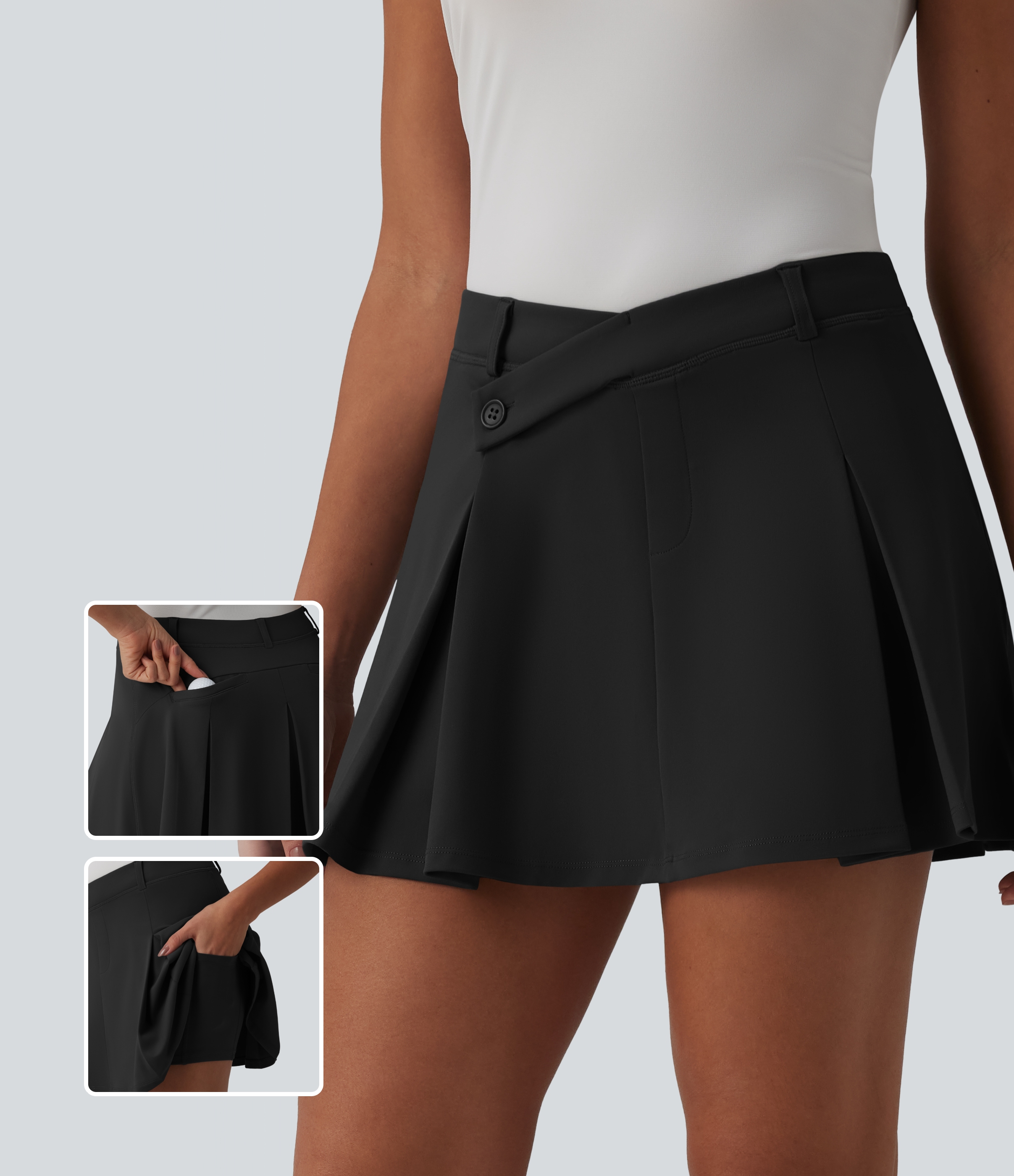 2-in-1 plissierter DayStretch asymmetrischer Golf-Minirock mit mittelhohem Bund und Taschen