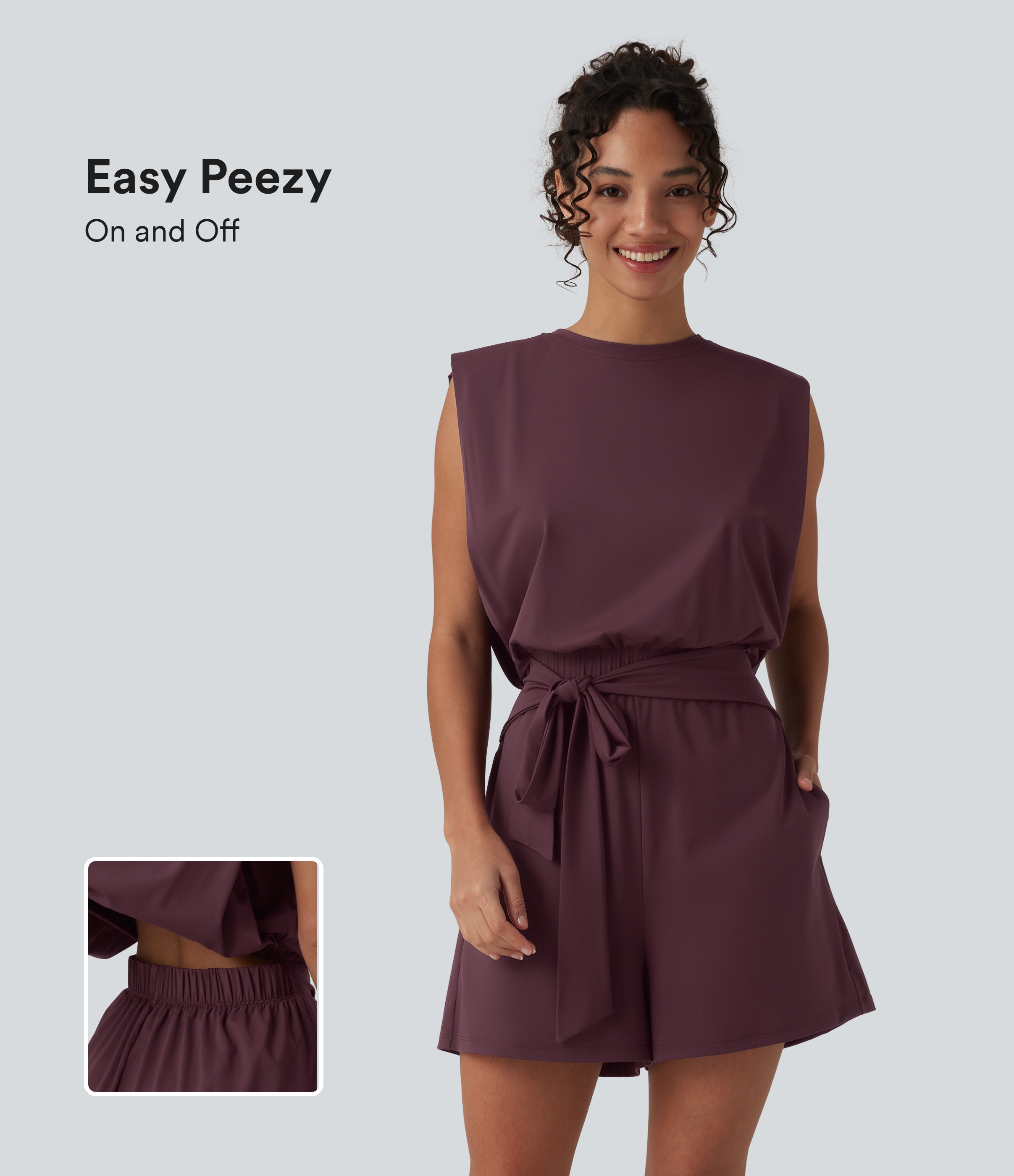 Round Neck Sleeveless Tie-front Cool Touch Casual Playsuit with Pockets-Easy Peezy-UPF50+