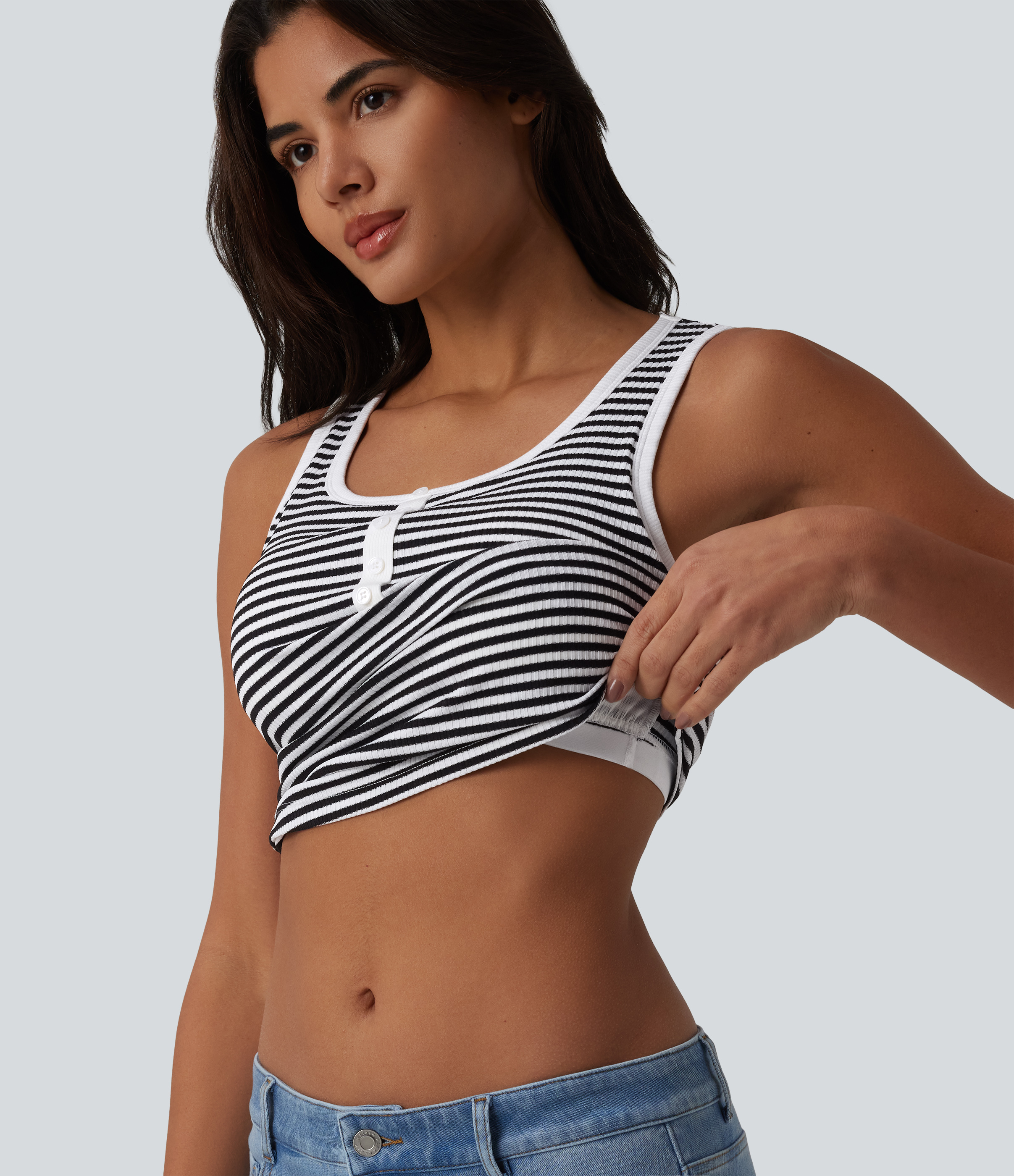 Ribbed Knit U-Neck Stripe Built-in Bra Casual Tank Top