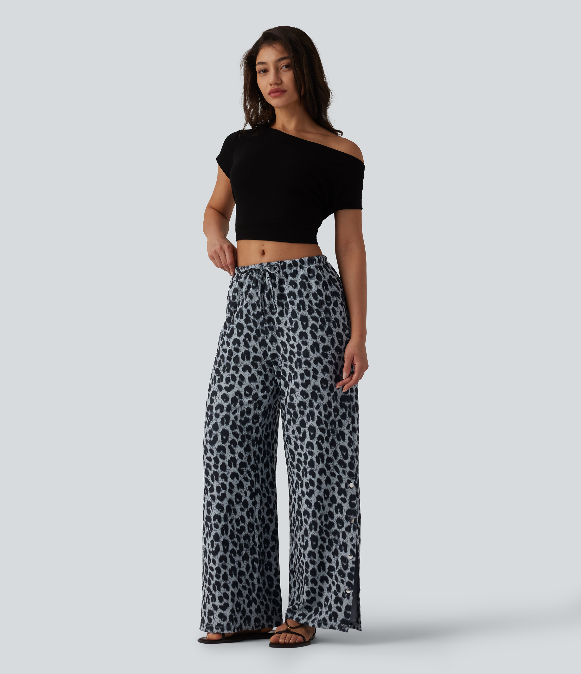Mid Rise Drawstring Wide Leg Leopard Print Waffle Casual Pants with Pockets
