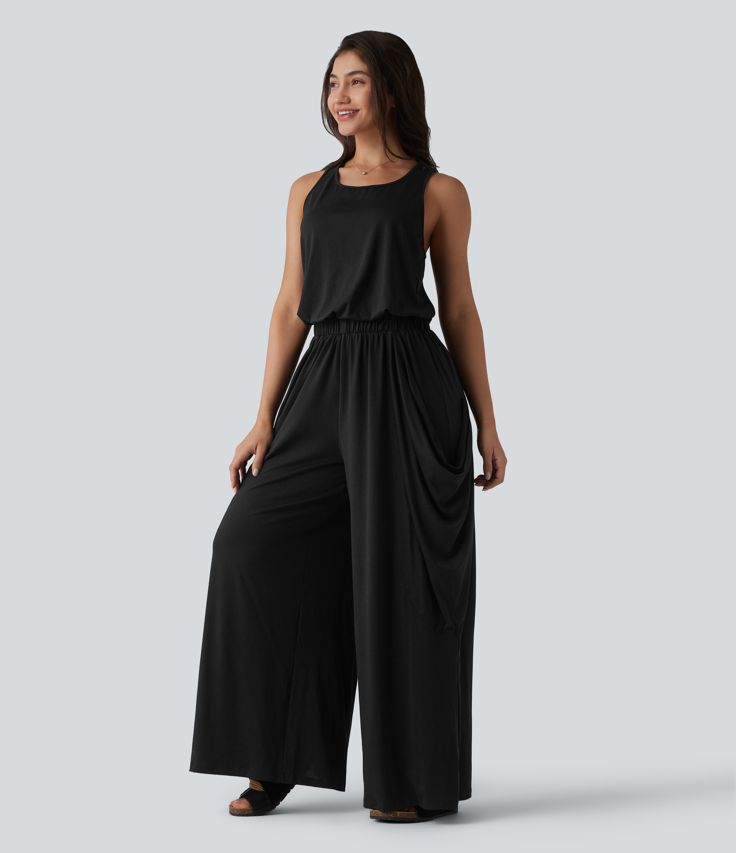 Women's Sleeveless Cut Out Wide Leg Casual Jumpsuit with Pockets