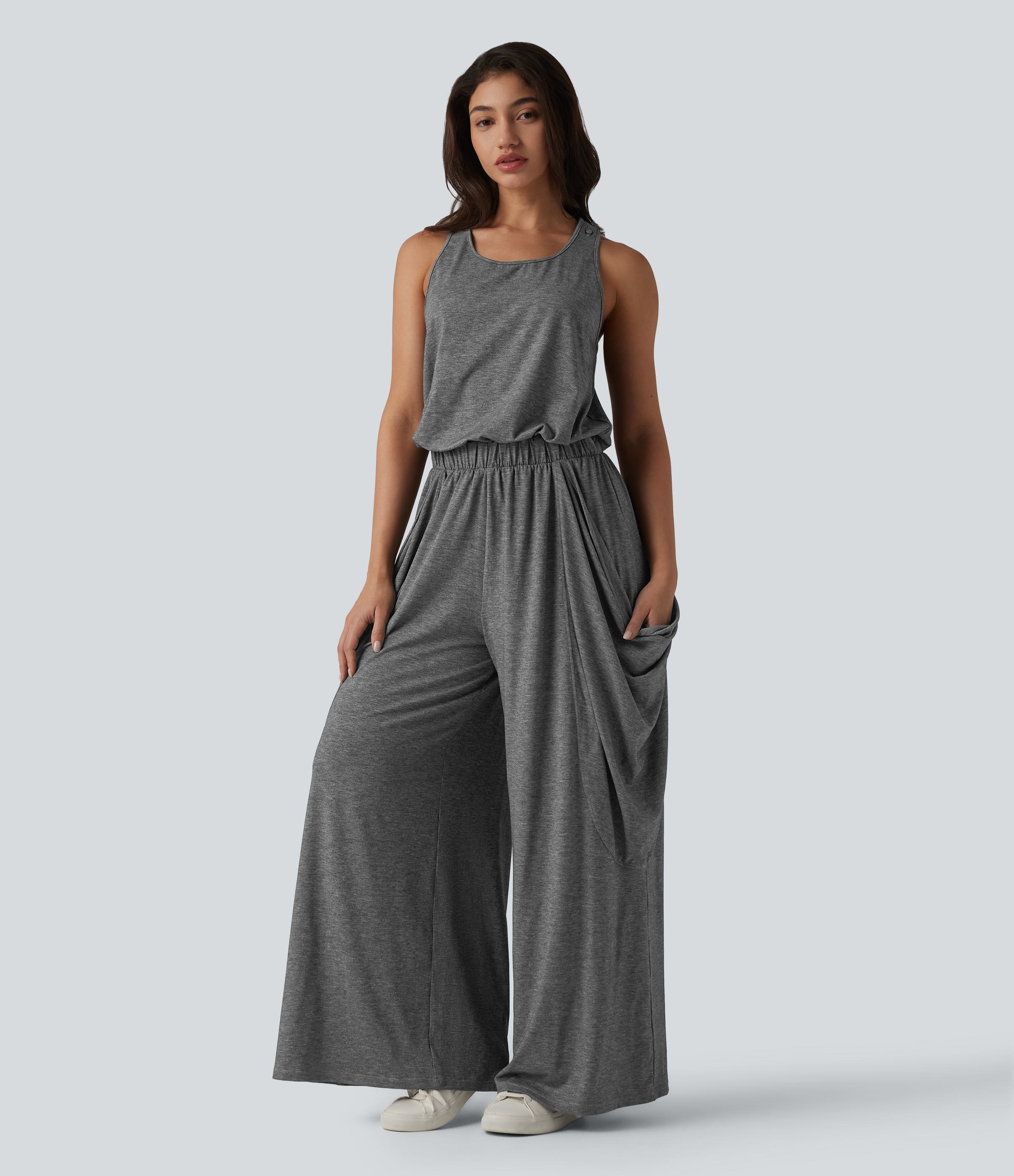 Darl Gray Floral Yarn Sleeveless Cut Out Wide Leg Casual Jumpsuit with Pockets-Easy Peezy Edition / 2