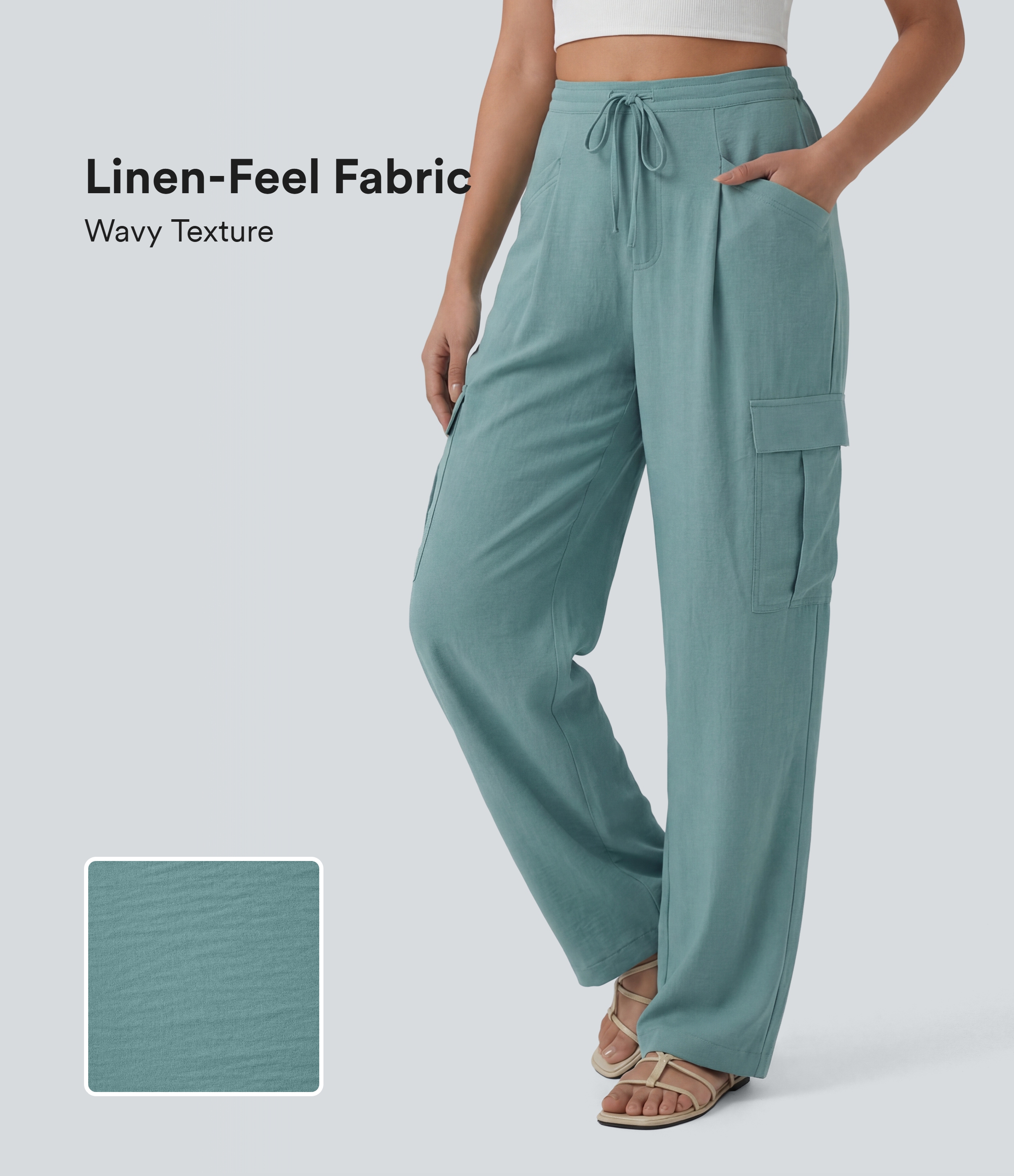 Mid Rise Drawstring Straight Leg Casual Linen-Feel Cargo Pants with Pockets