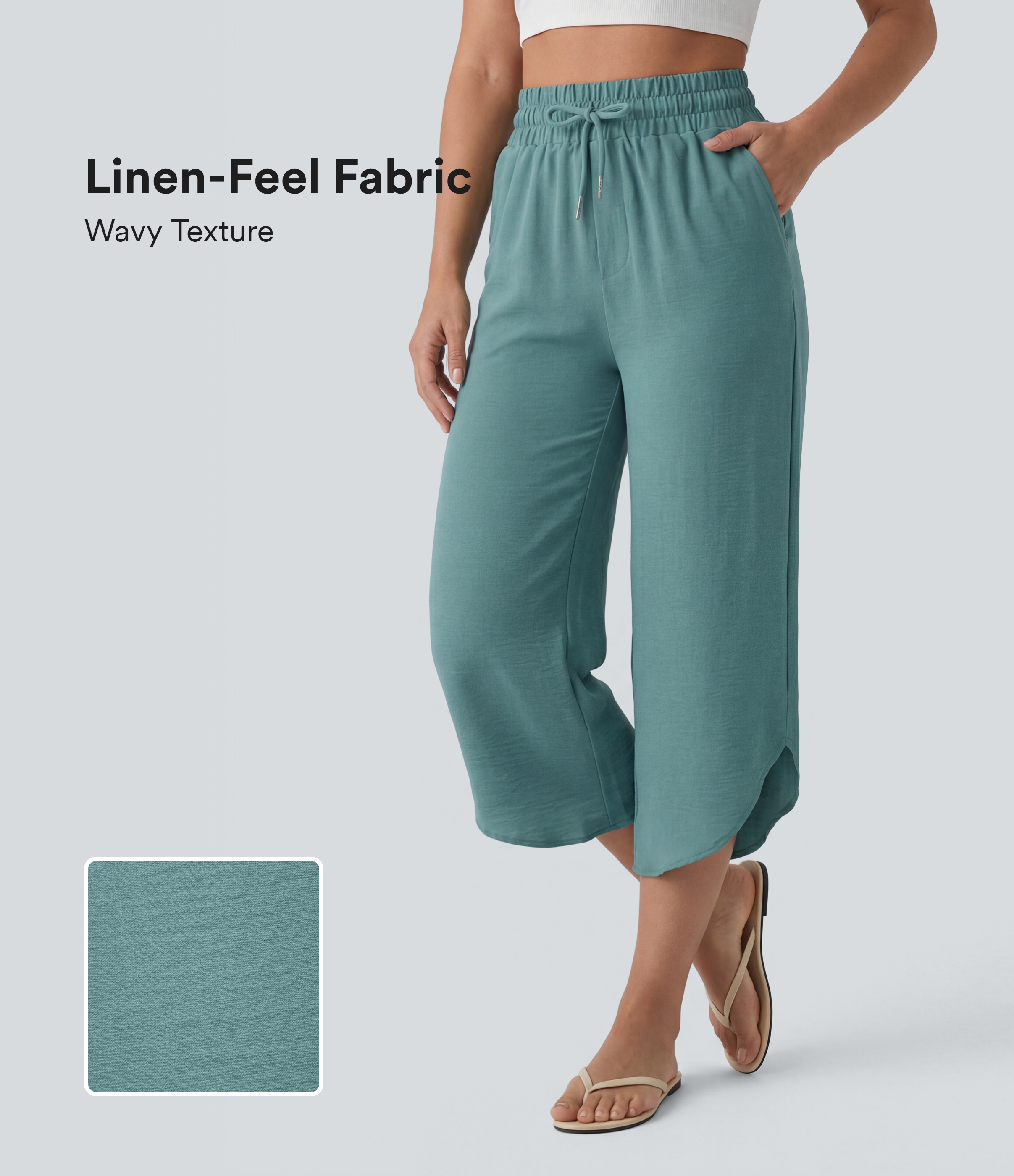 High Waisted Drawstring Curved Hem Cropped Casual Linen-Feel Pants with Pockets