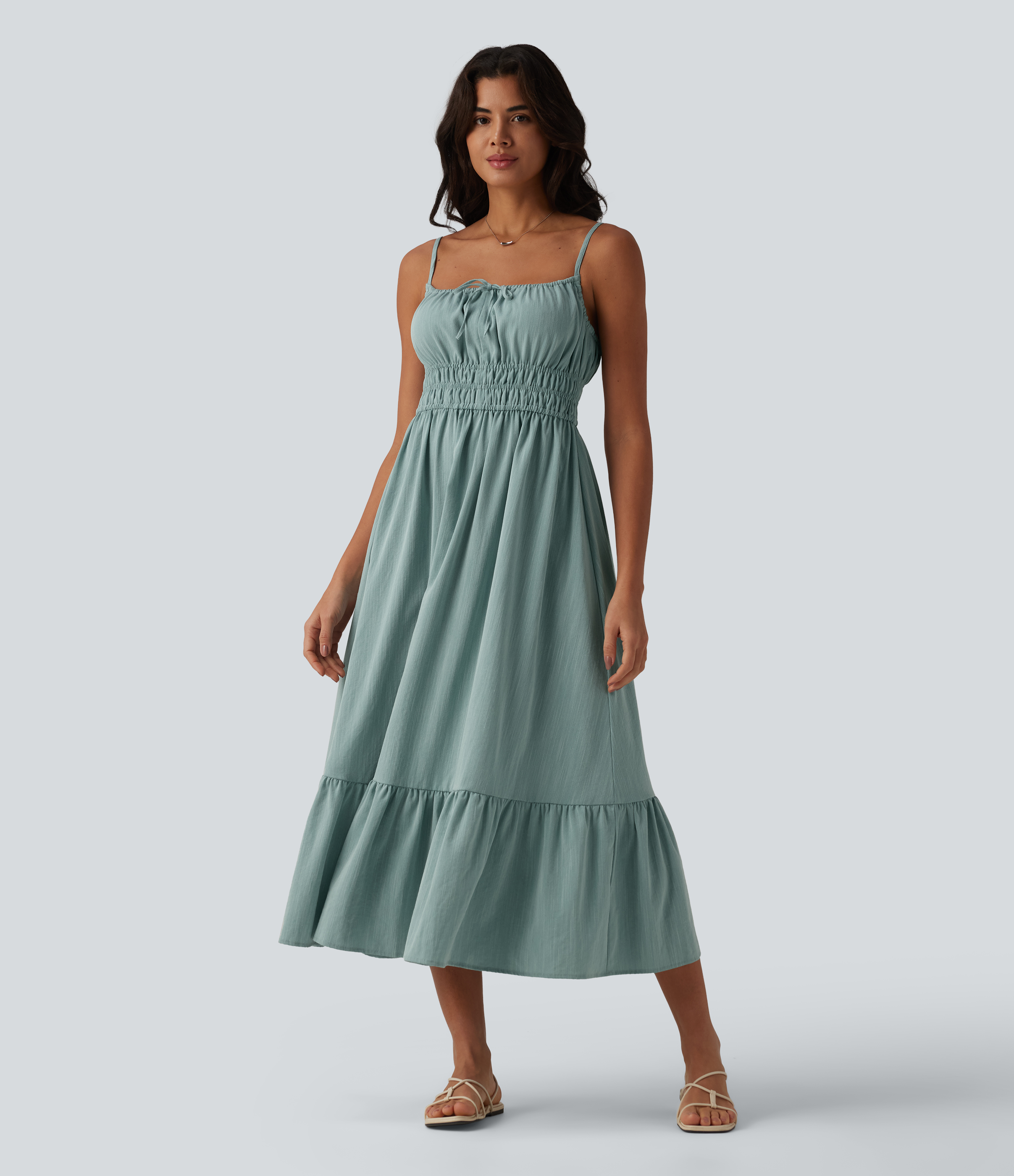 Tie Front Flowy Midi Casual Linen-Feel Slip Dress