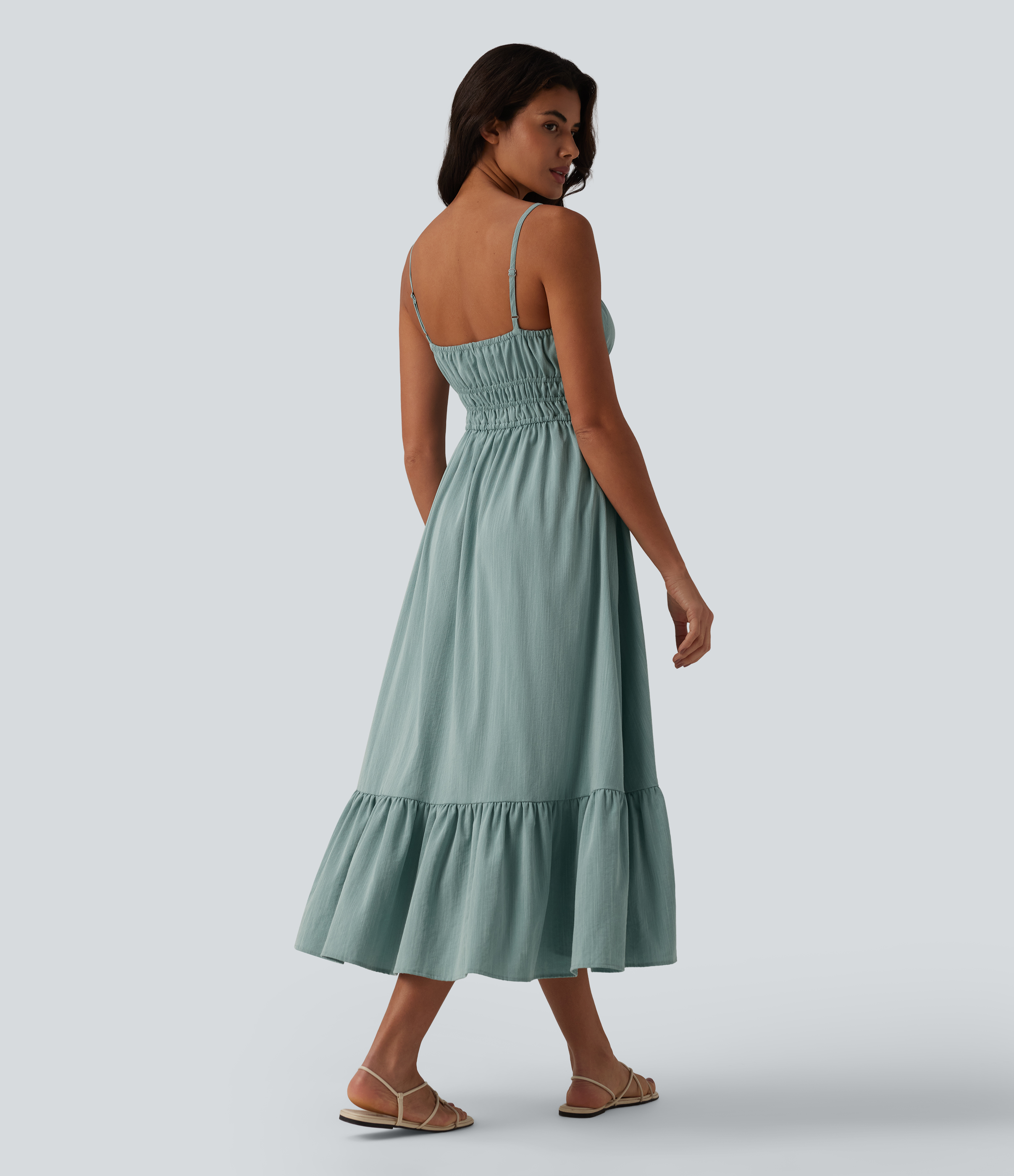 Silverwood Sage Tie Front Flowy Midi Casual Linen-Feel Slip Milkmaid Dress / 2