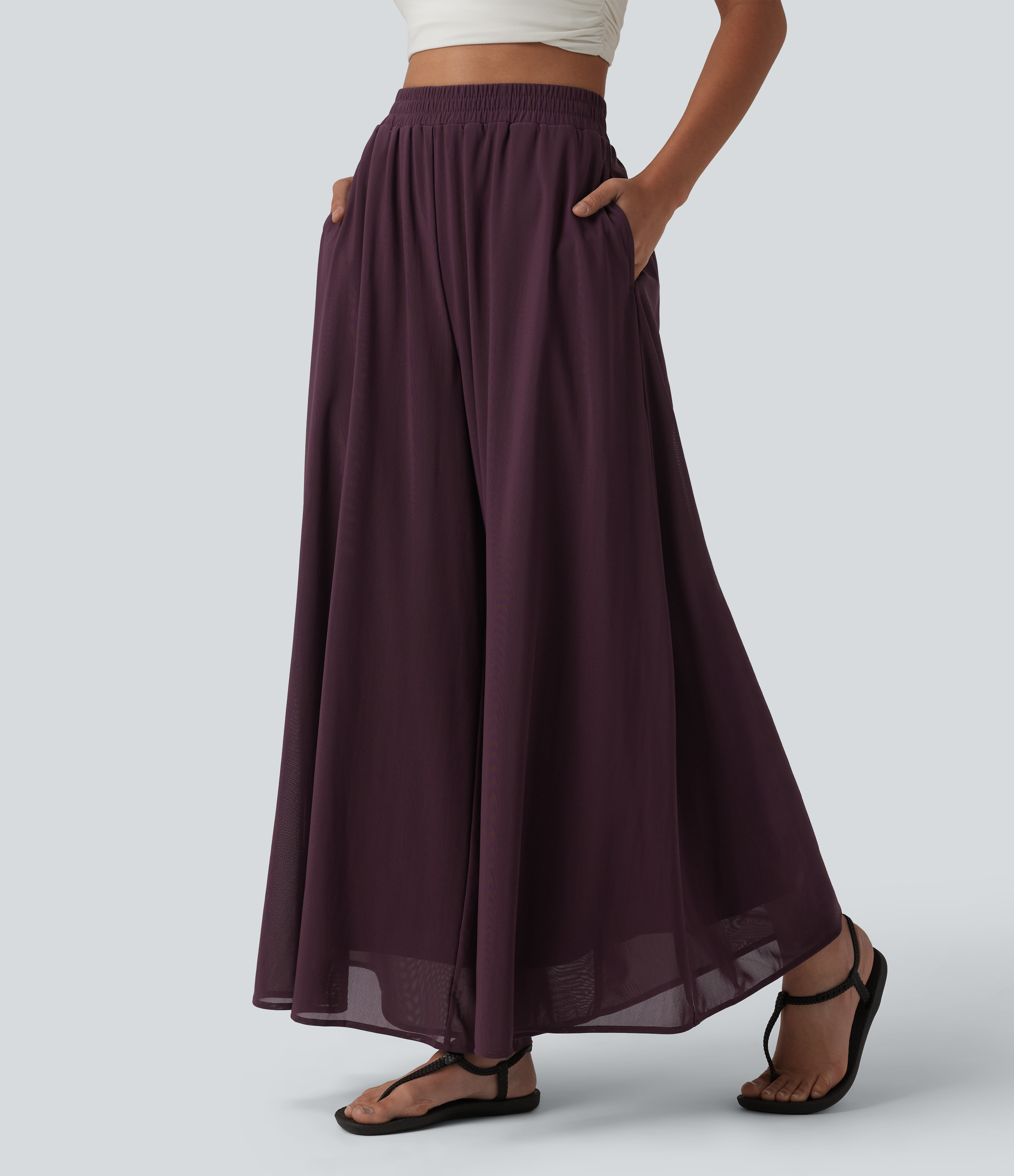 Pantalones relajados de talle alto, con bolsillos y sobreposición de malla, de pierna ancha
