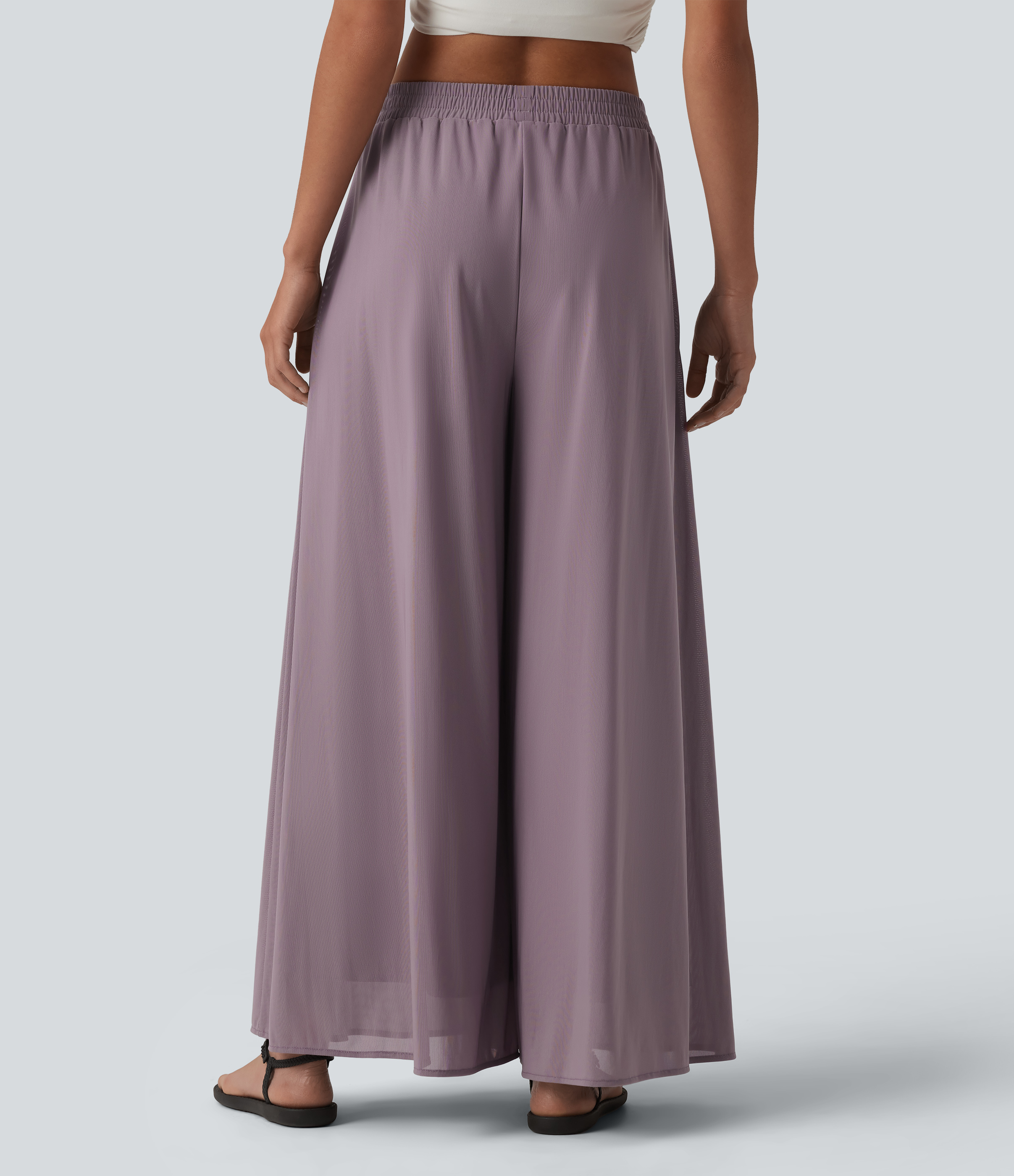 Iris Purple High Waisted Pocket Mesh Overlay Wide Leg Casual Trousers / 2