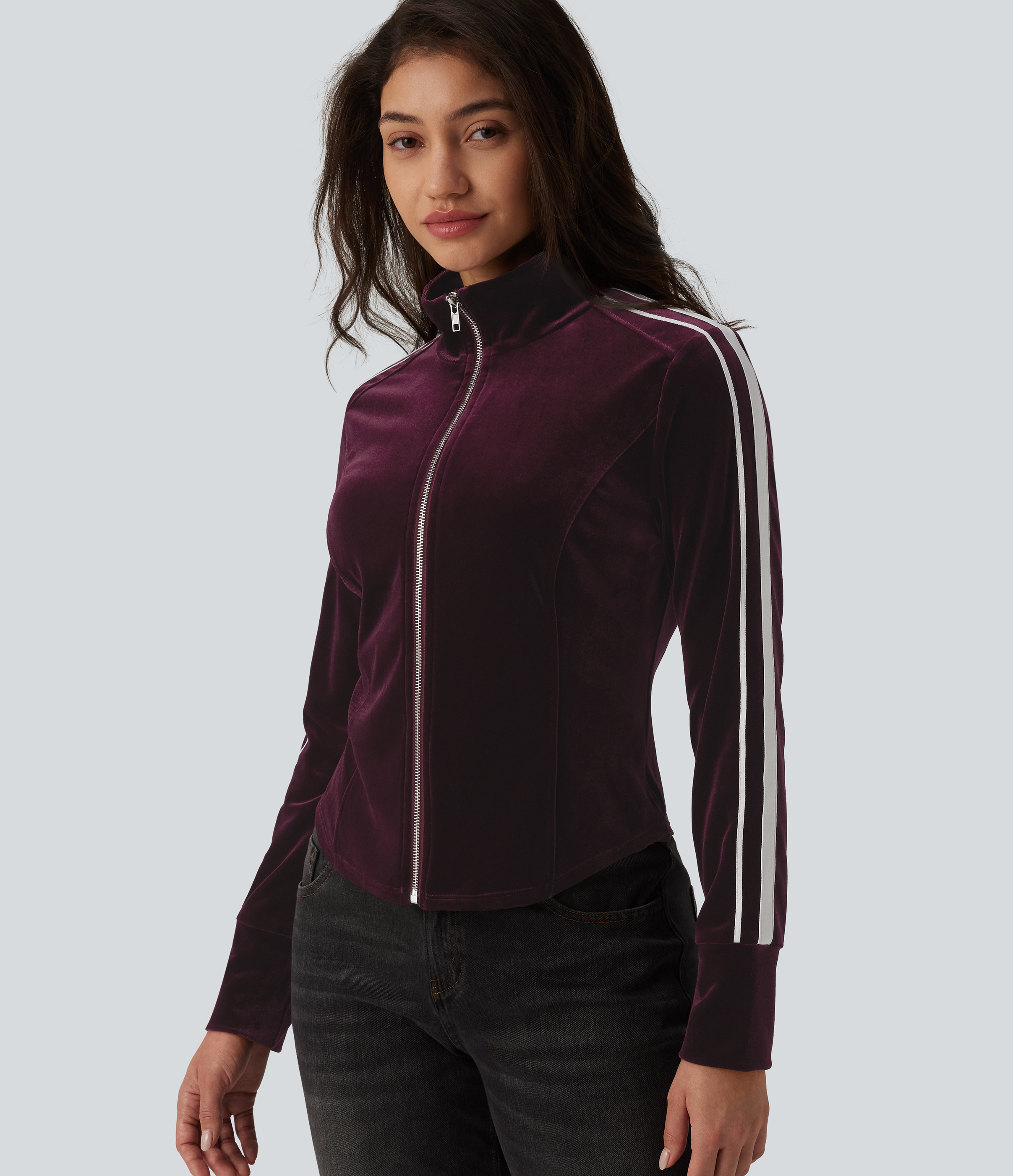 Chaqueta casual de terciopelo a rayas con cuello alto corto y mangas largas