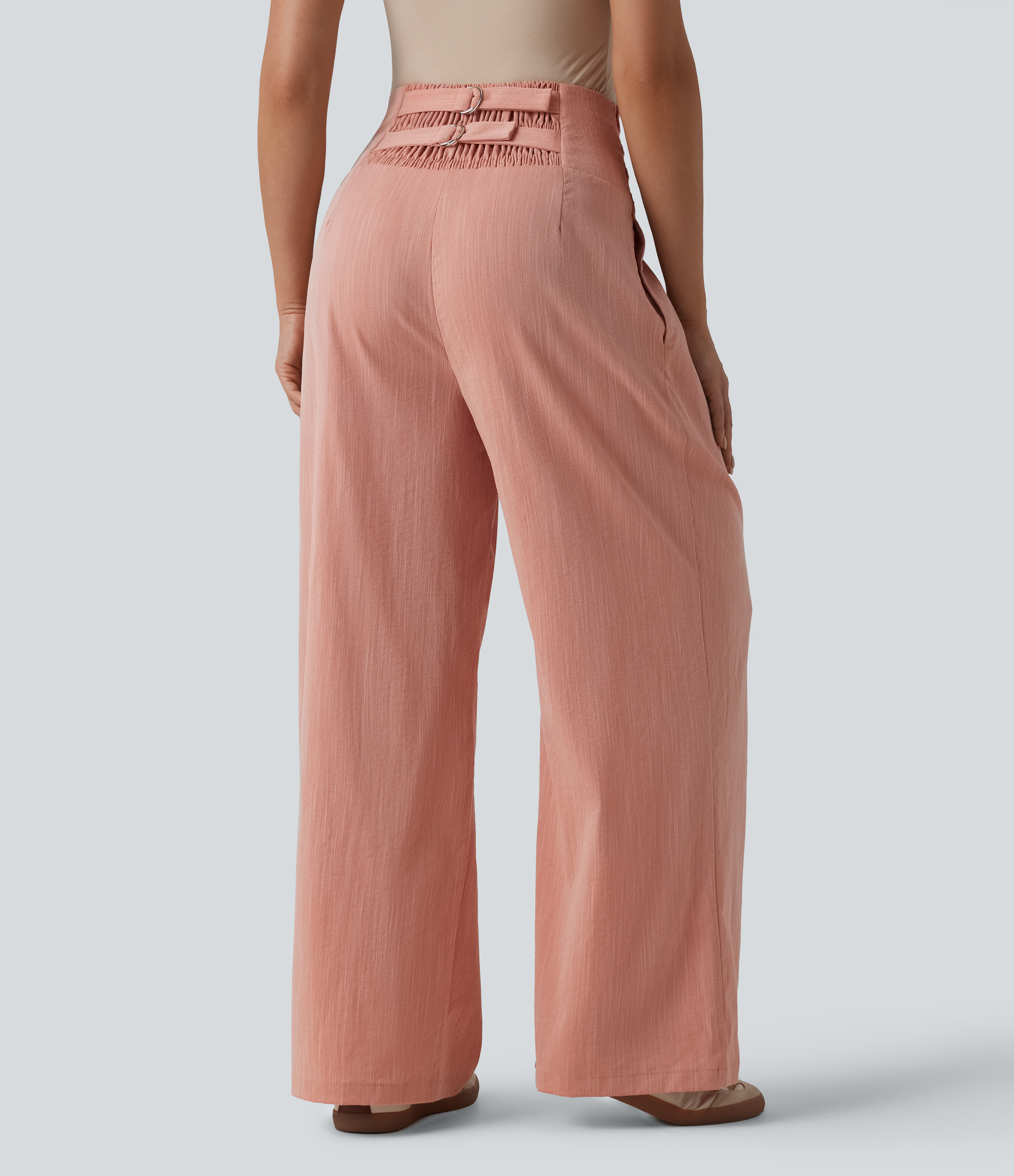 Adjustable Super High Waisted Shirred Wide Leg Casual Linen-Feel Pants with Pockets