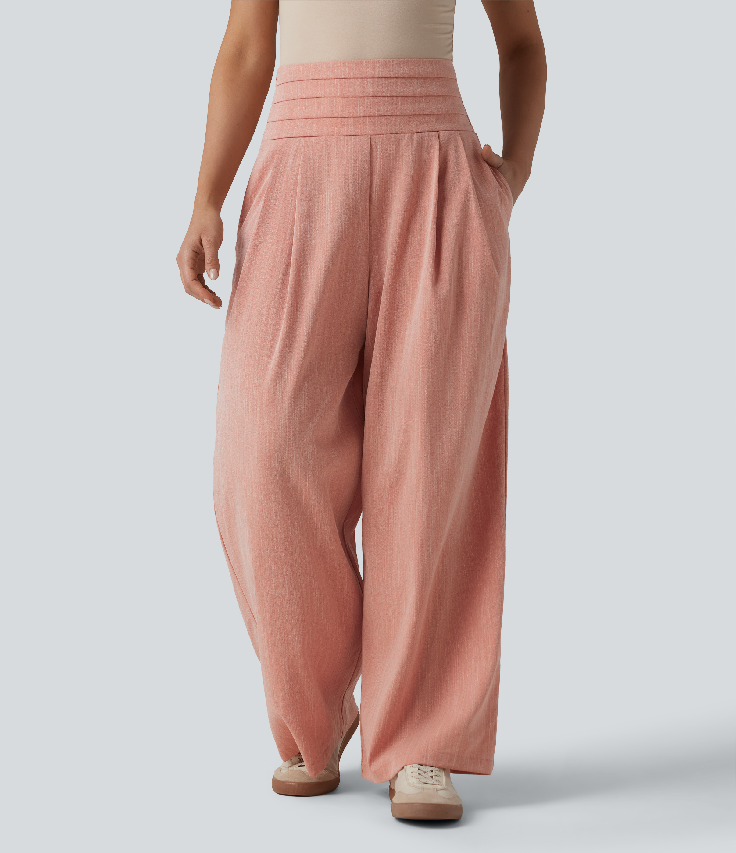Terra Blush Lässige, geraffte Hose in Leinenoptik mit superhohem Bund, Seitentaschen, verstellbaren Schnallen und weitem Bein / 2