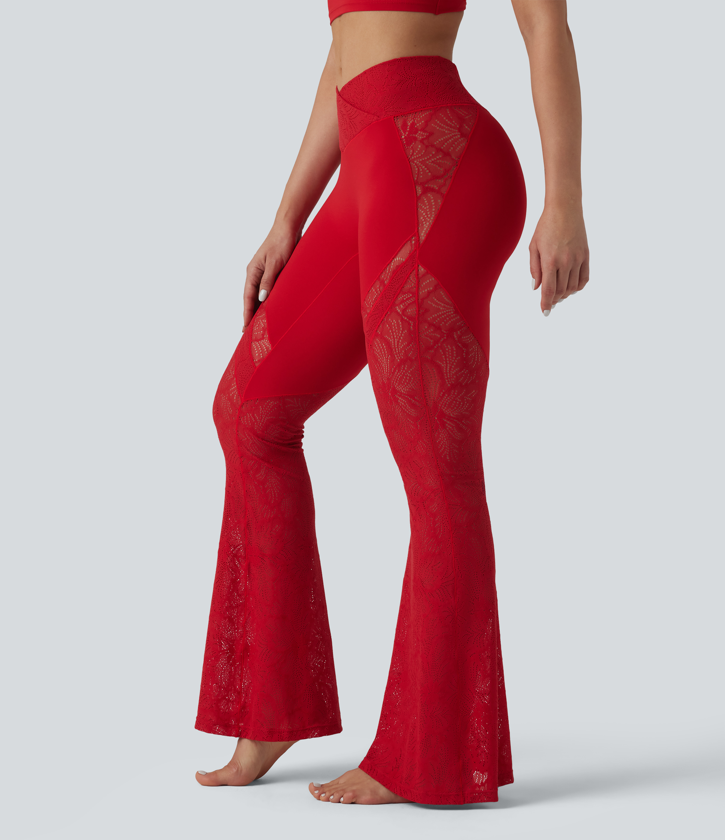 SoftlyZero™ High Waisted Crossover Pocket Contrast Lace Flare Yoga Leggings