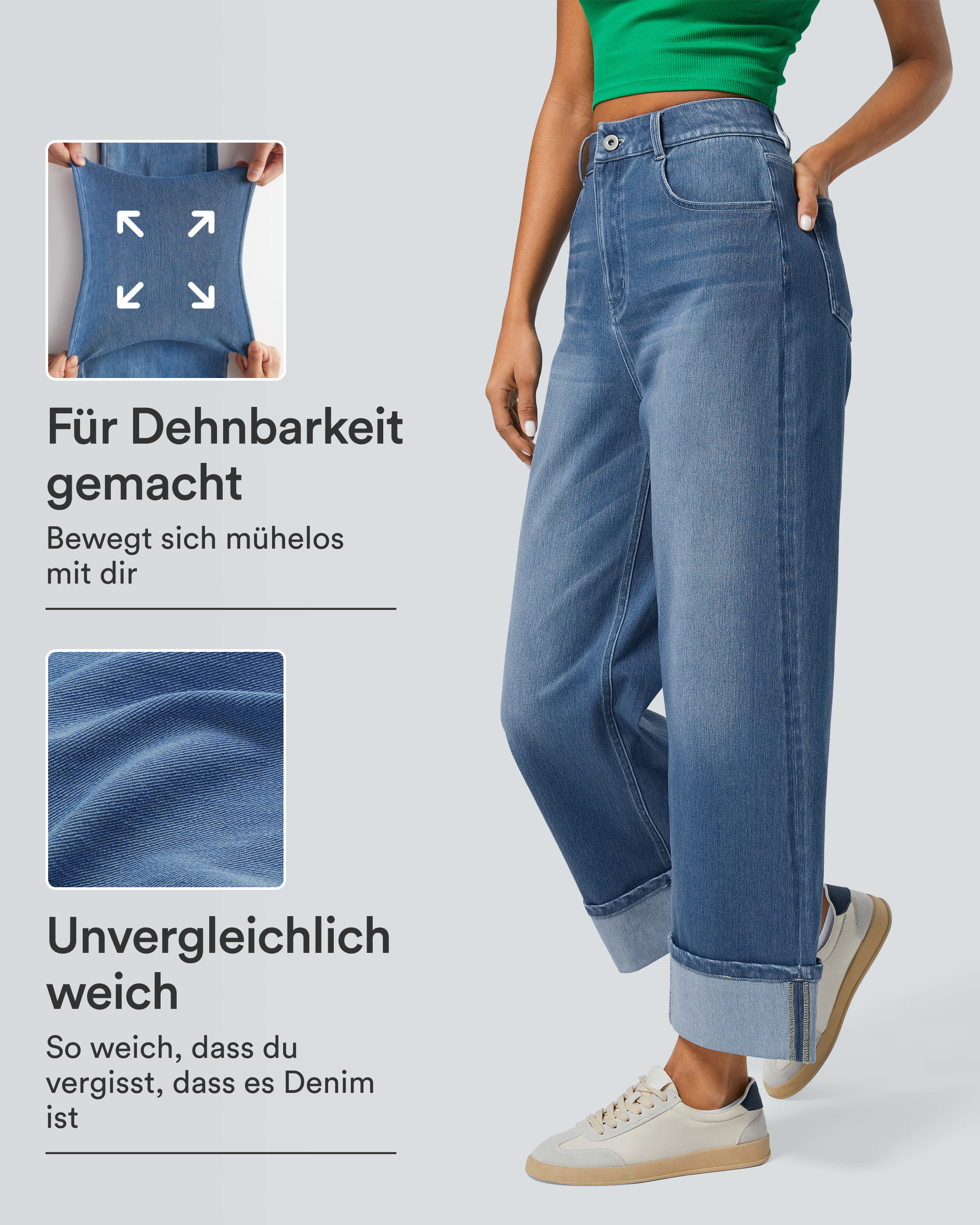 Halara Flex™ - Washed jeans made from stretchy knit denim with a high waist, multiple pockets, rolled hem and wide leg