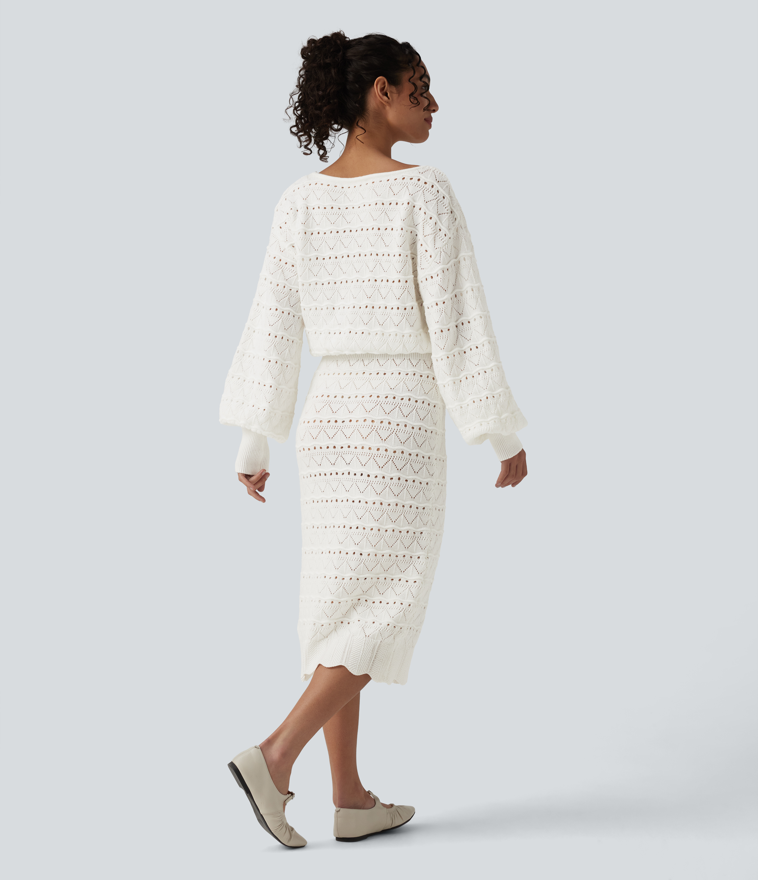 Blanc Robe-pull décontractée mi-longue à encolure bateau et manches longues / 2