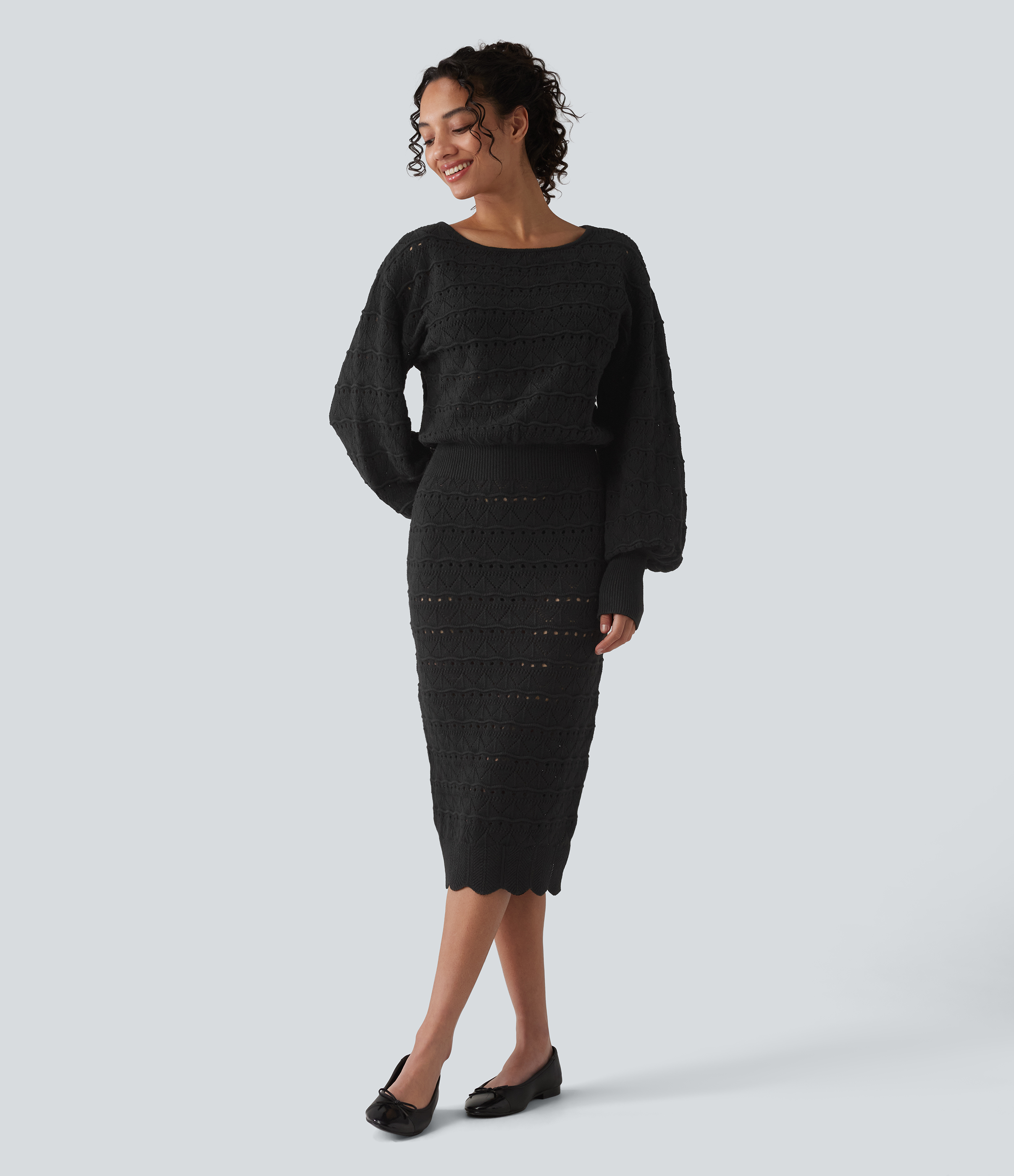 Boat Neck Long Sleeve Midi Casual Sweater Dress