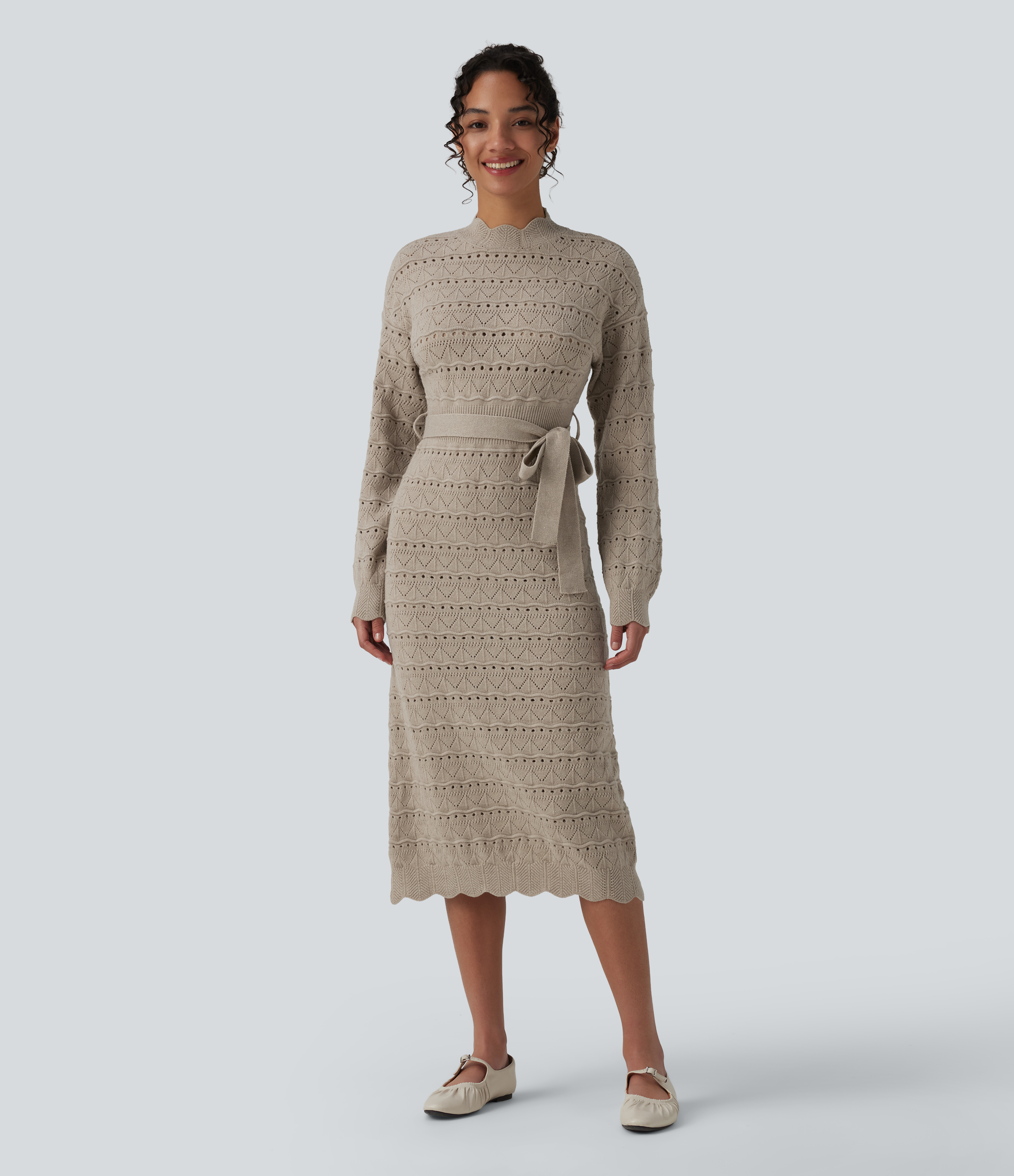Long Sleeve Belted Midi Casual Sweater Dress