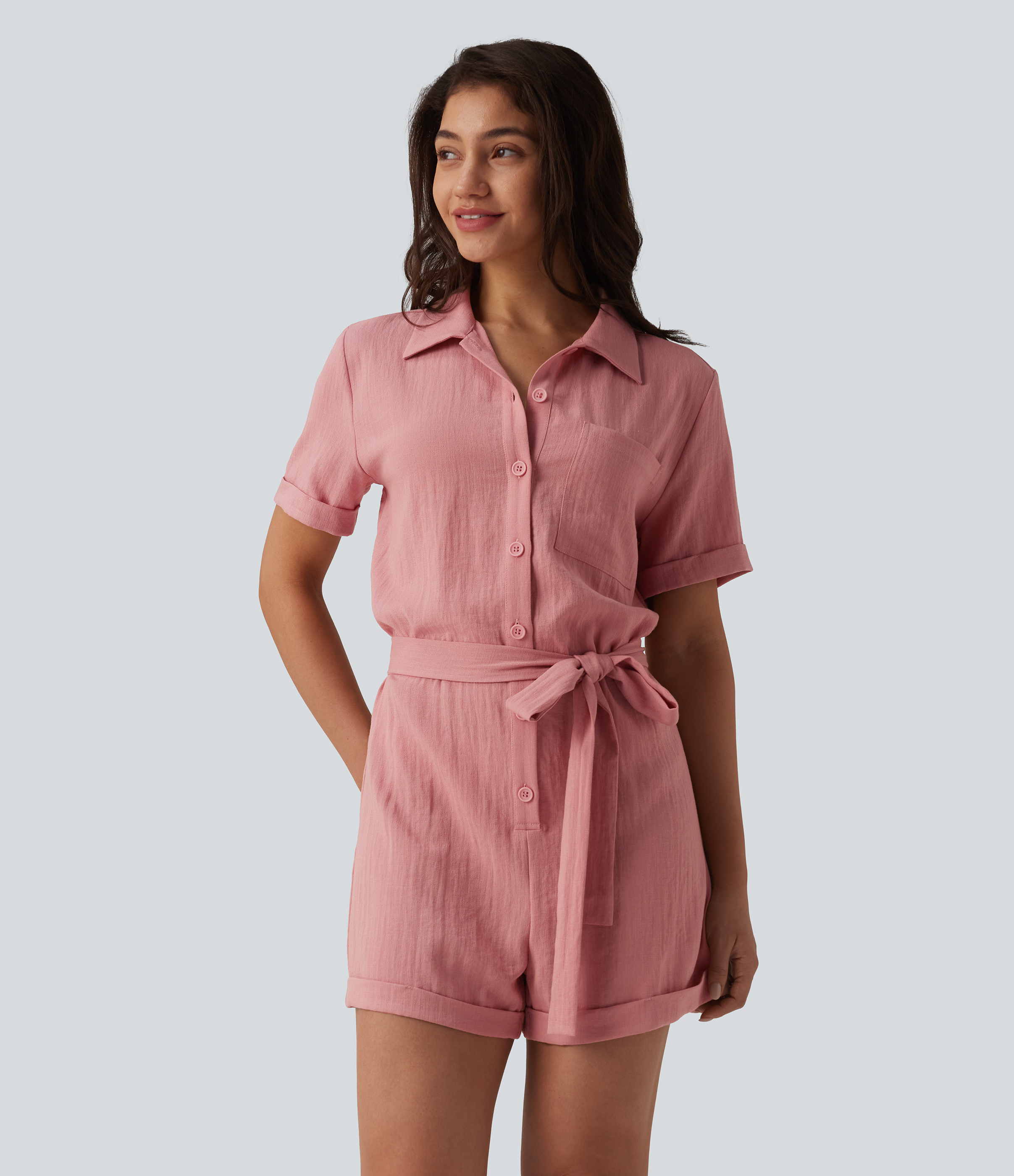 Short Sleeve Belted Linen-Feel Shirt Romper with Pocket