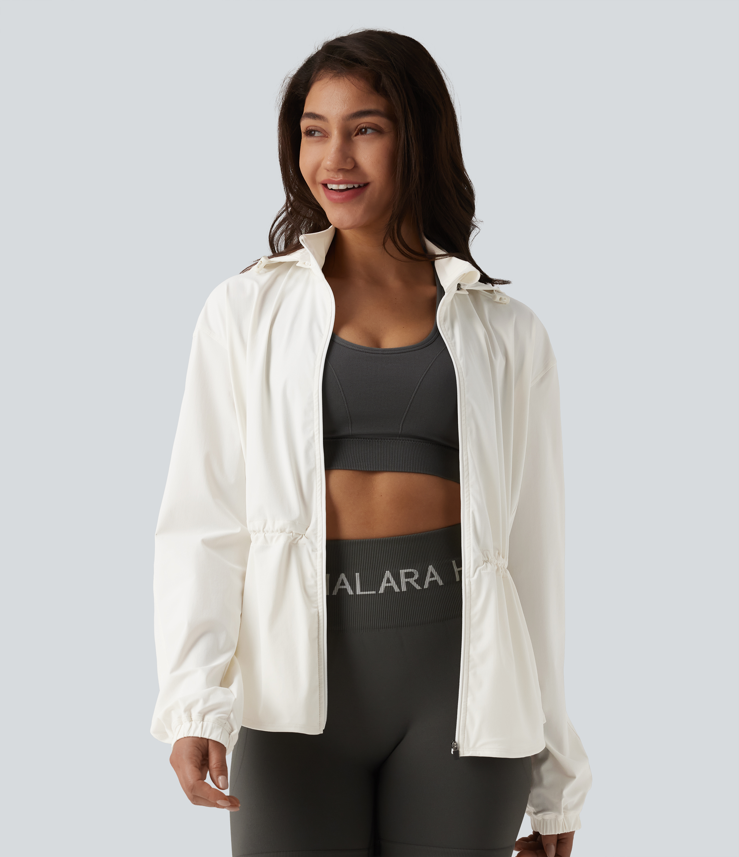 Durable Water Repellent Removable Hood Drawstring Workout Jacket with Zip Pockets