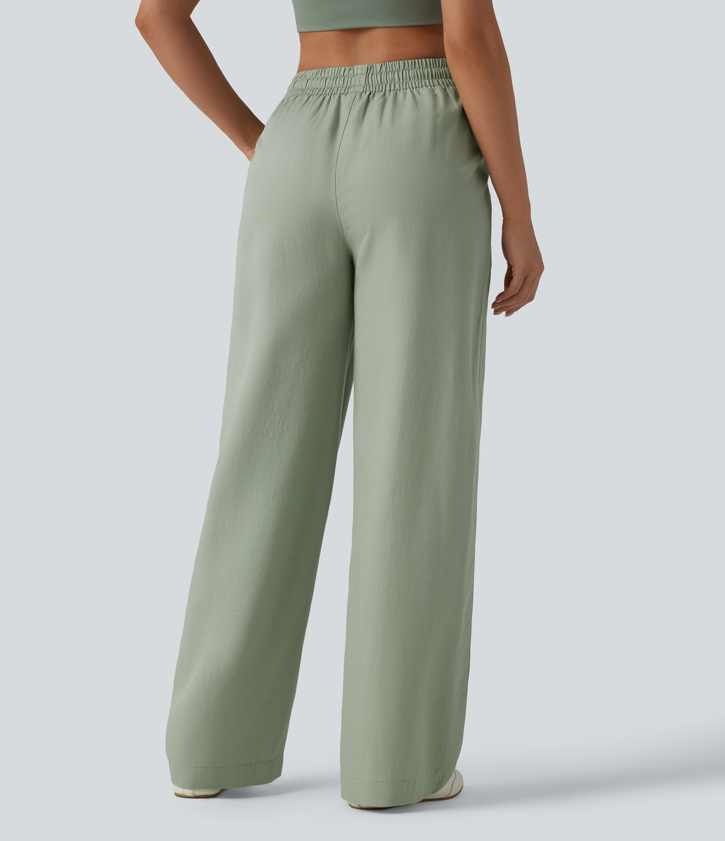 Desert Sage High Waisted Inner Drawstring Lyocell Linen-Blend Casual Wide Leg Pants with Pockets / 2