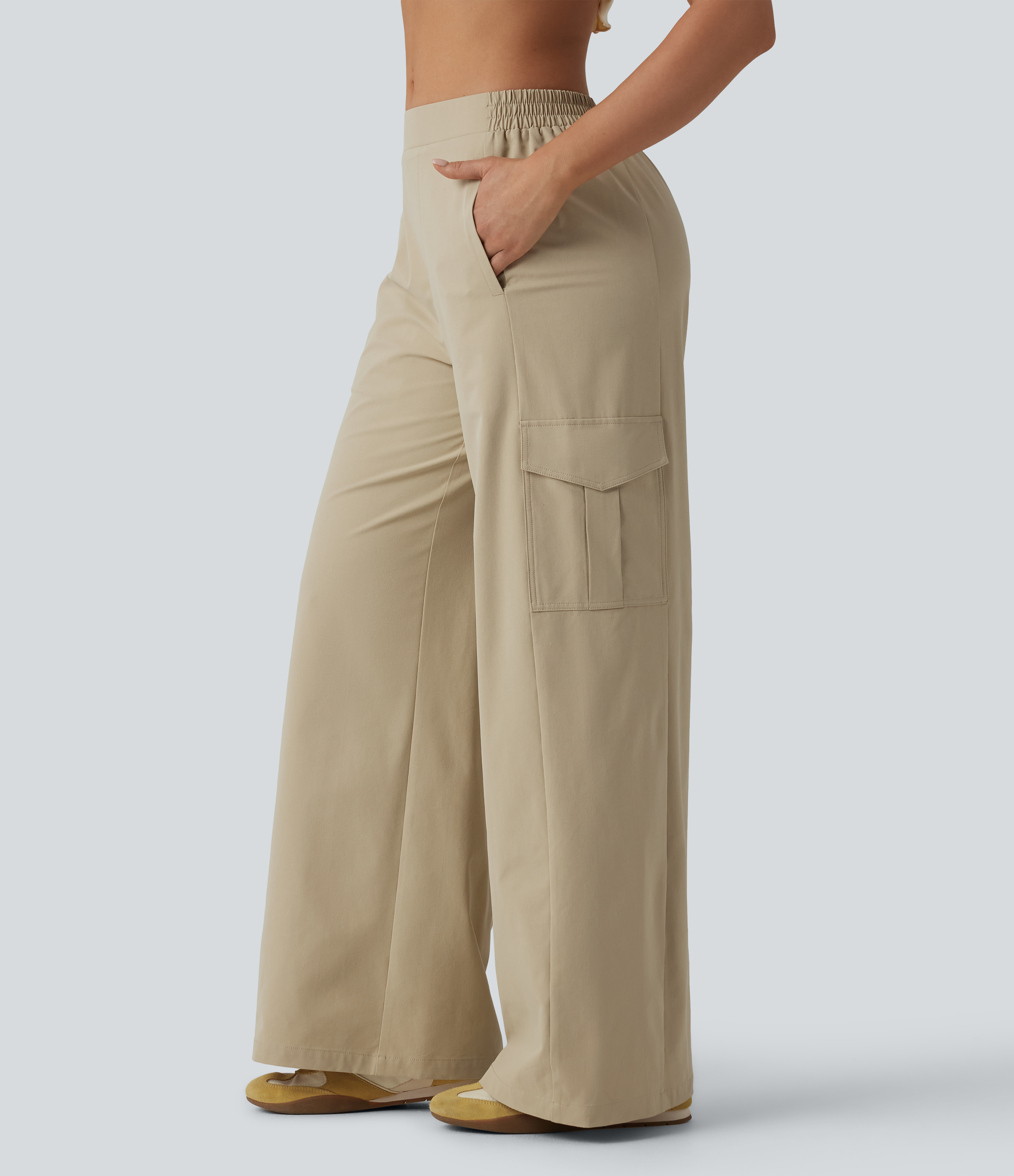 Mid Rise Wide Leg Stretchy Poplin Casual Cargo Pants with Pockets