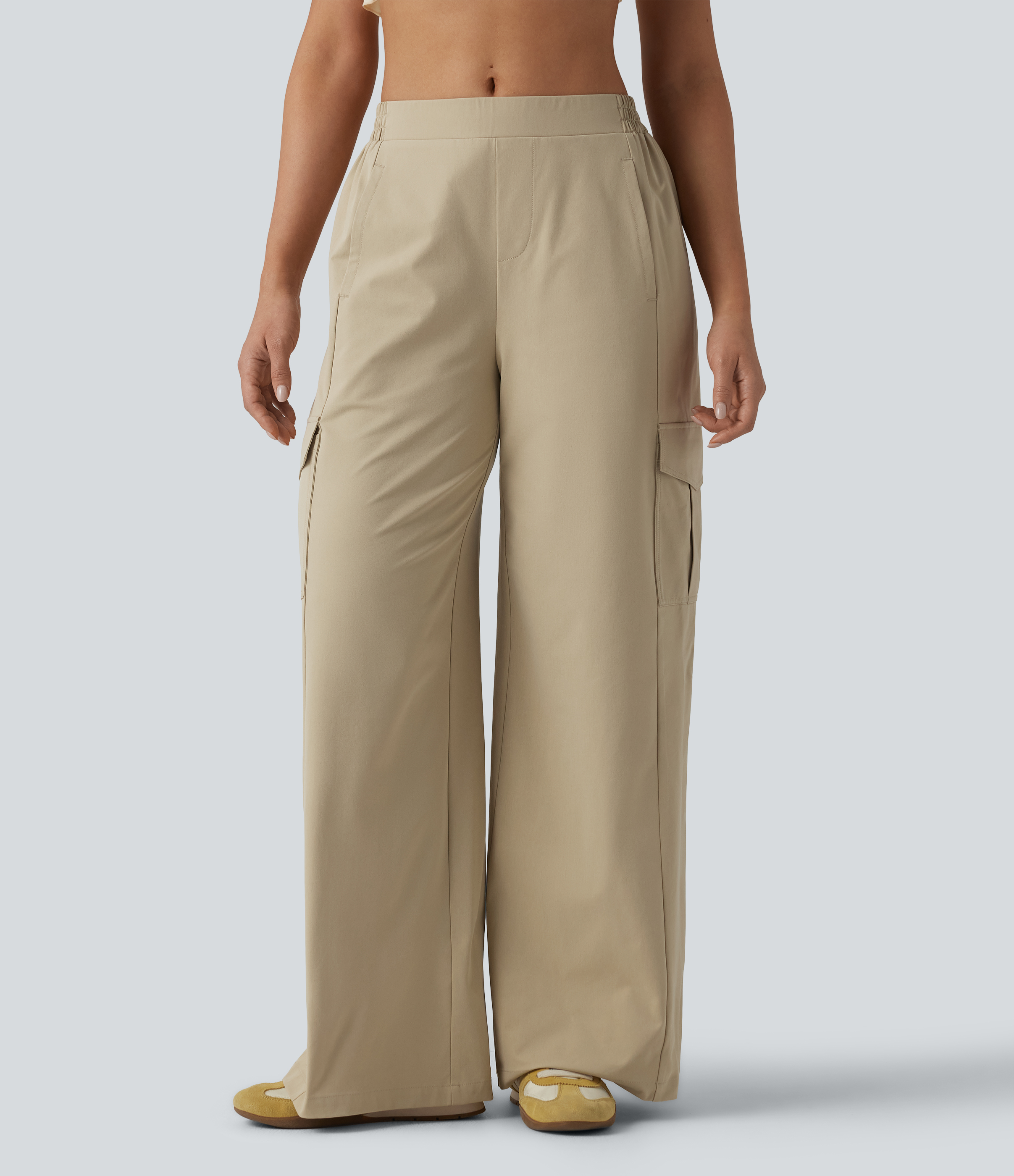 Mid Rise Wide Leg Stretchy Poplin Casual Cargo Pants with Pockets