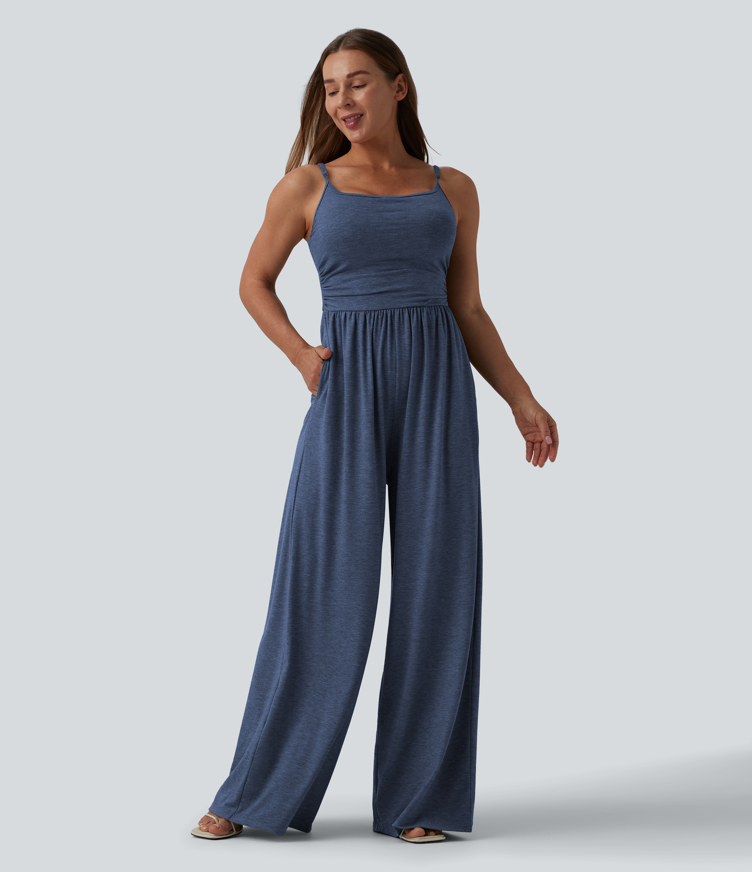 Adjustable Straps Ruched Wide Leg Heathered Casual Jumpsuit with Pockets-Easy Peezy