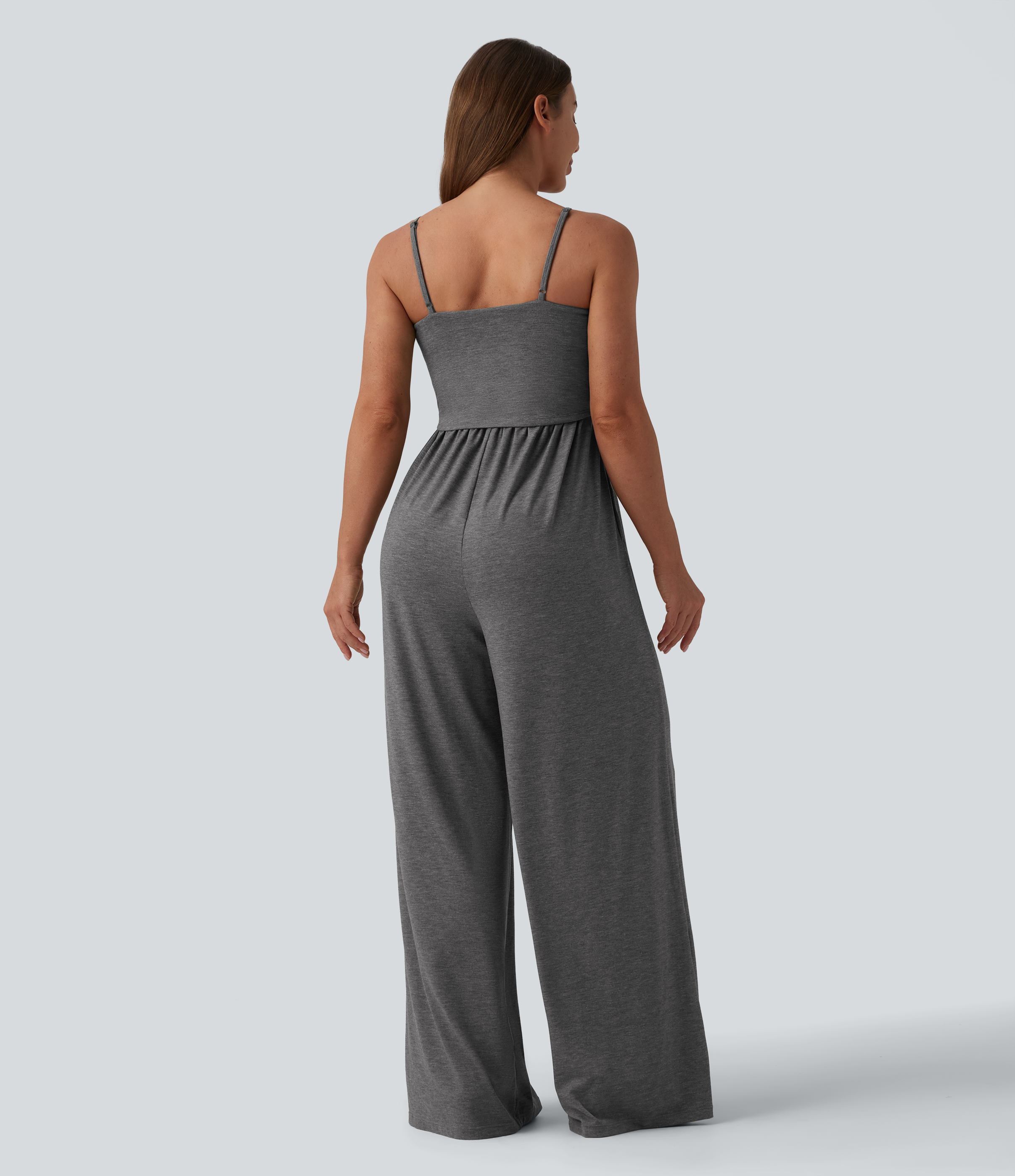 Darl Gray Floral Yarn Adjustable Straps Ruched Wide Leg Heathered Casual Jumpsuit with Pockets-Easy Peezy / 2