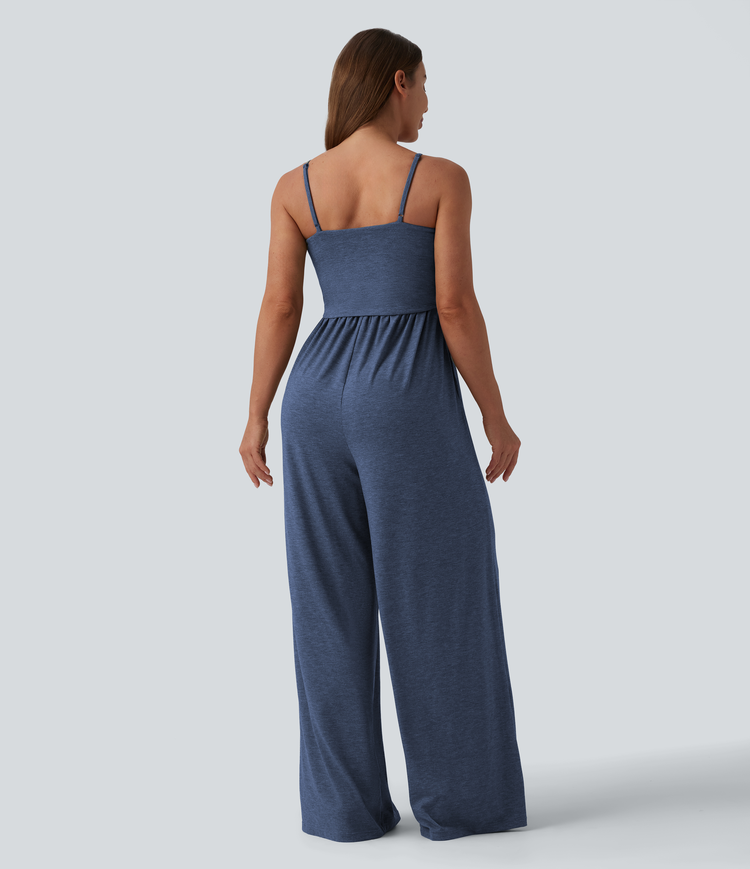 Mottled Indigo Adjustable Straps Ruched Wide Leg Heathered Casual Jumpsuit with Pockets-Easy Peezy / 2