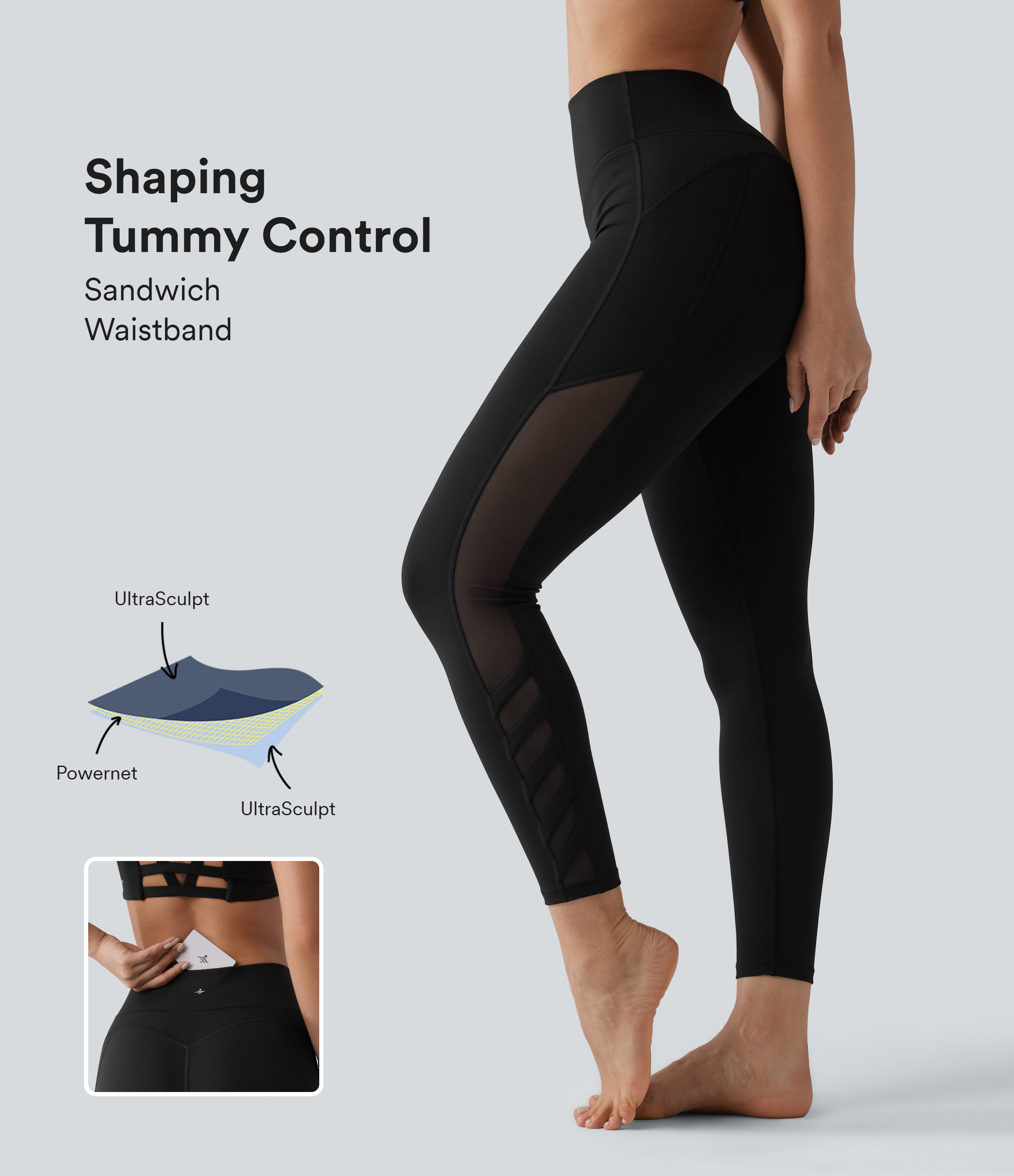 Halara UltraSculpt™ - 7/8-Yoga-Leggings mit hohem Bund, Bundtasche, Bauchkontrolle und Kontrast-Mesh