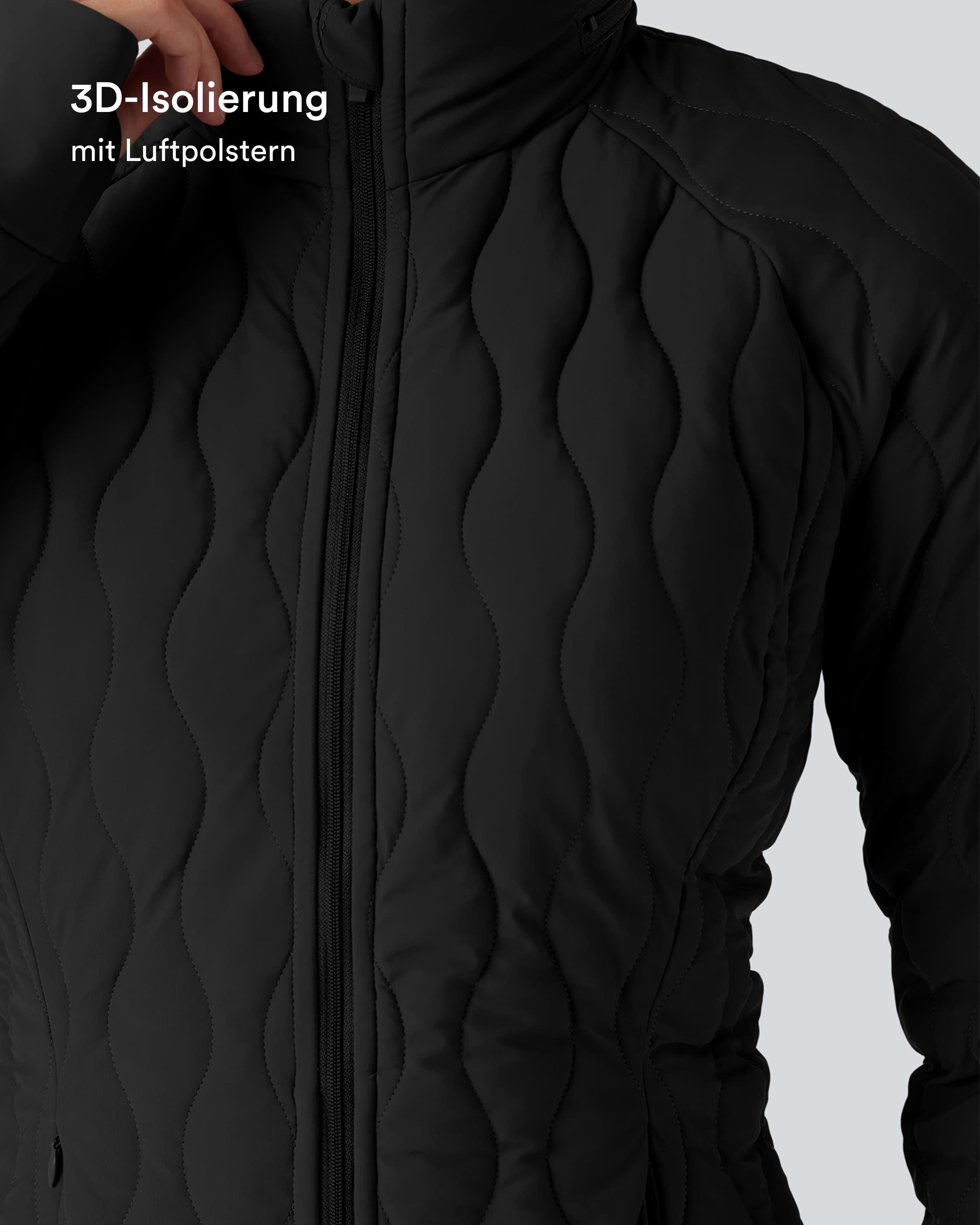 Schwarz Workout-Stretch-Steppjacke mit hohem Kragen, Seitentaschen, langen Ärmeln und Daumenlöchern - verstaubar / 2