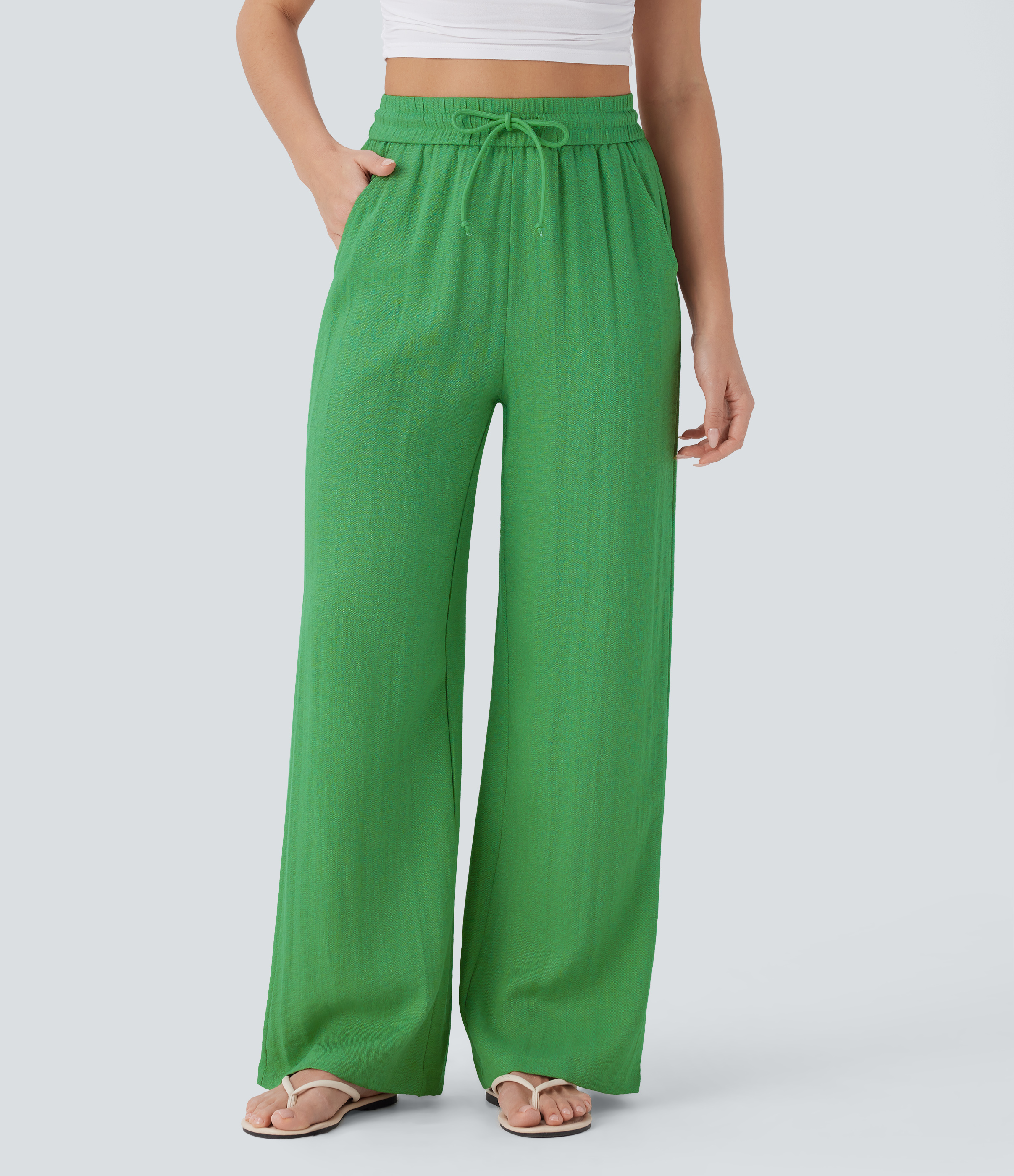 High Waisted Drawstring Pocket Wide Leg Casual Linen-Feel Trousers