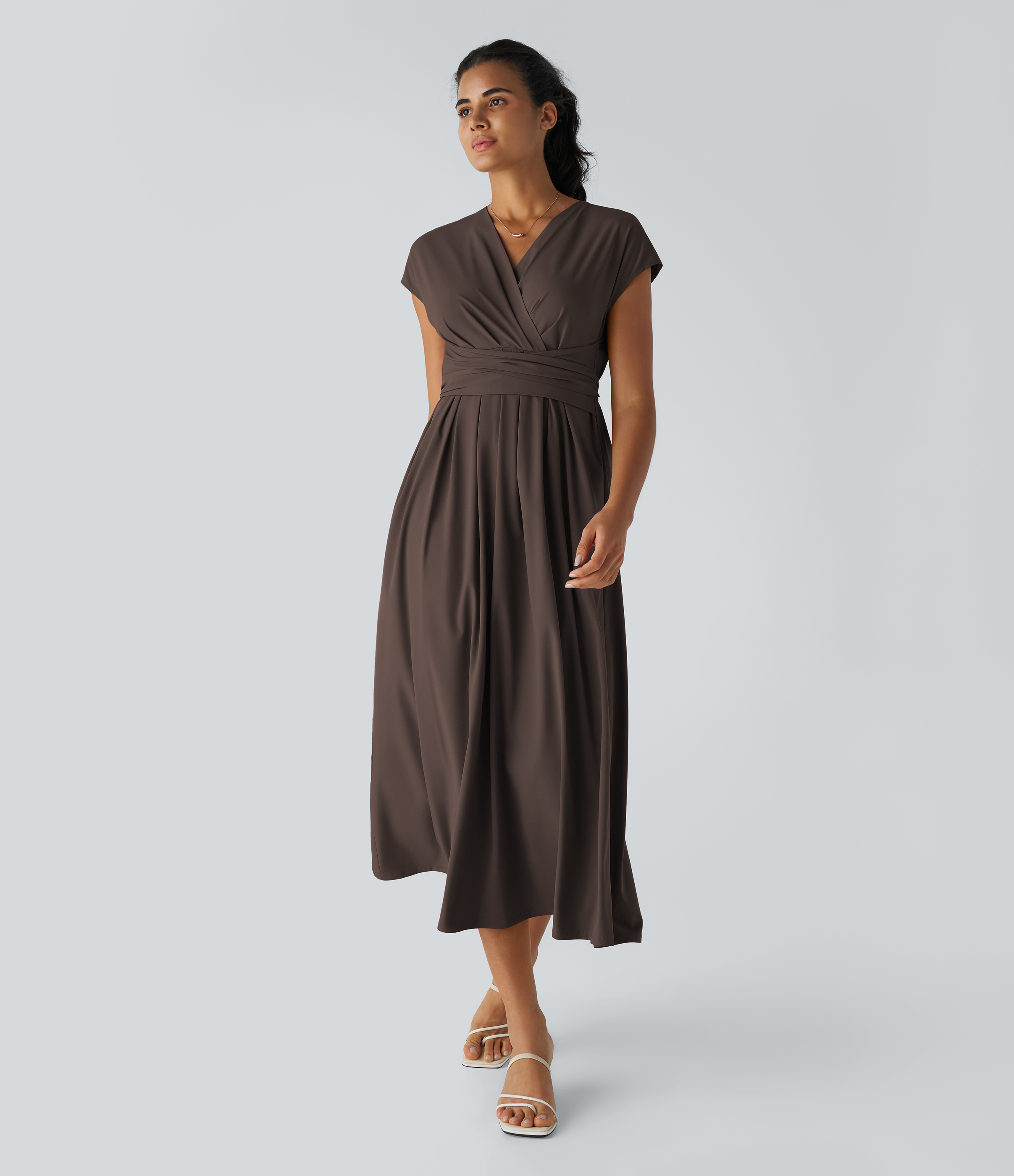 Breezeful™ V Neck Short Sleeve Pocket Tie Back Quick Dry Midi Casual Dress-Longer Length
