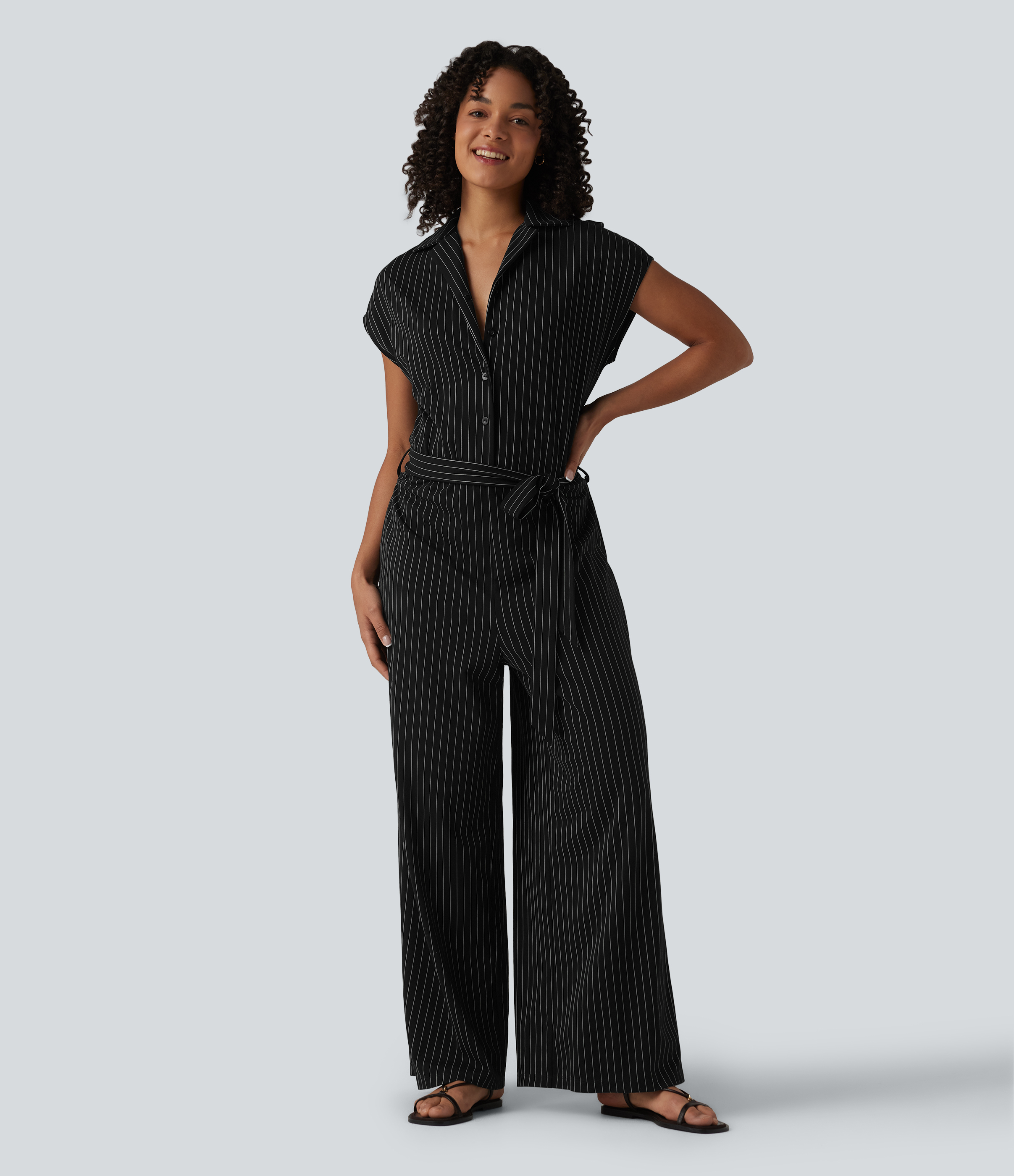 Short Sleeve Belted Stripe InstantCool Work Shirt Jumpsuit with Pockets-Easy Peezy Edition
