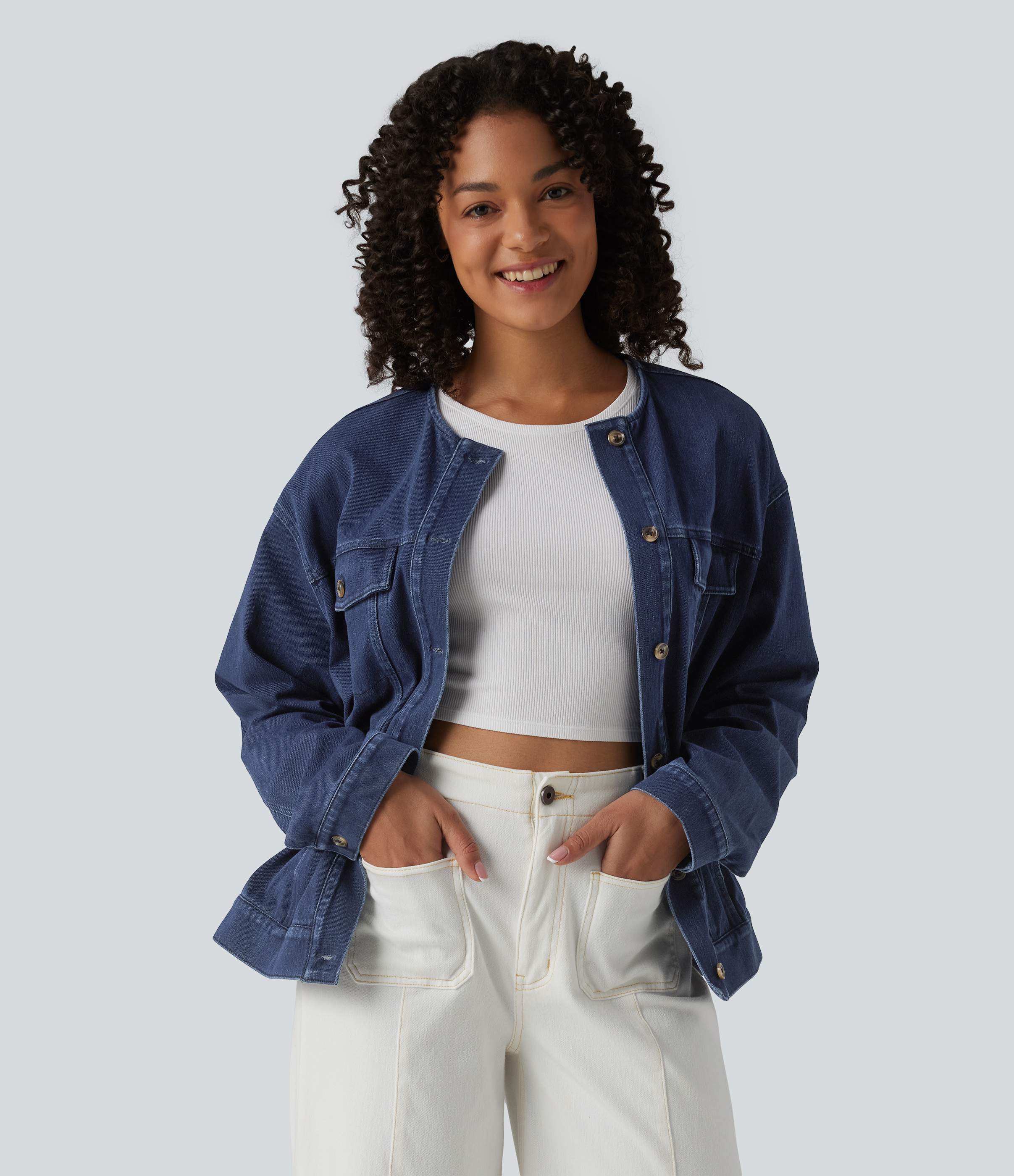 Halara Flex™ Chaqueta vaquera casual de manga larga con cuello redondo y bolsillos