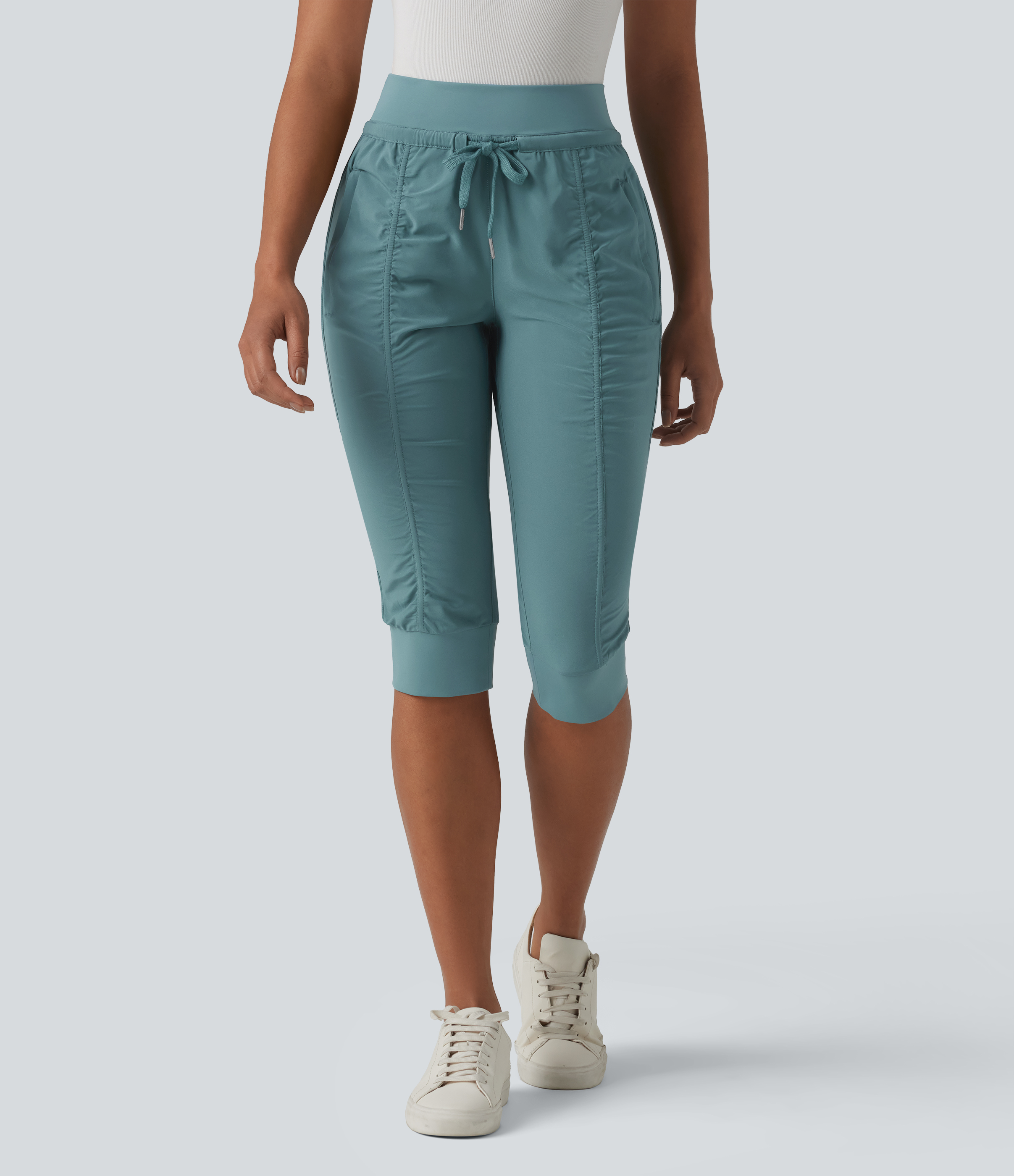 High Waisted Drawstring Tapered Travel Pedal Pushers Joggers with Zip Pockets