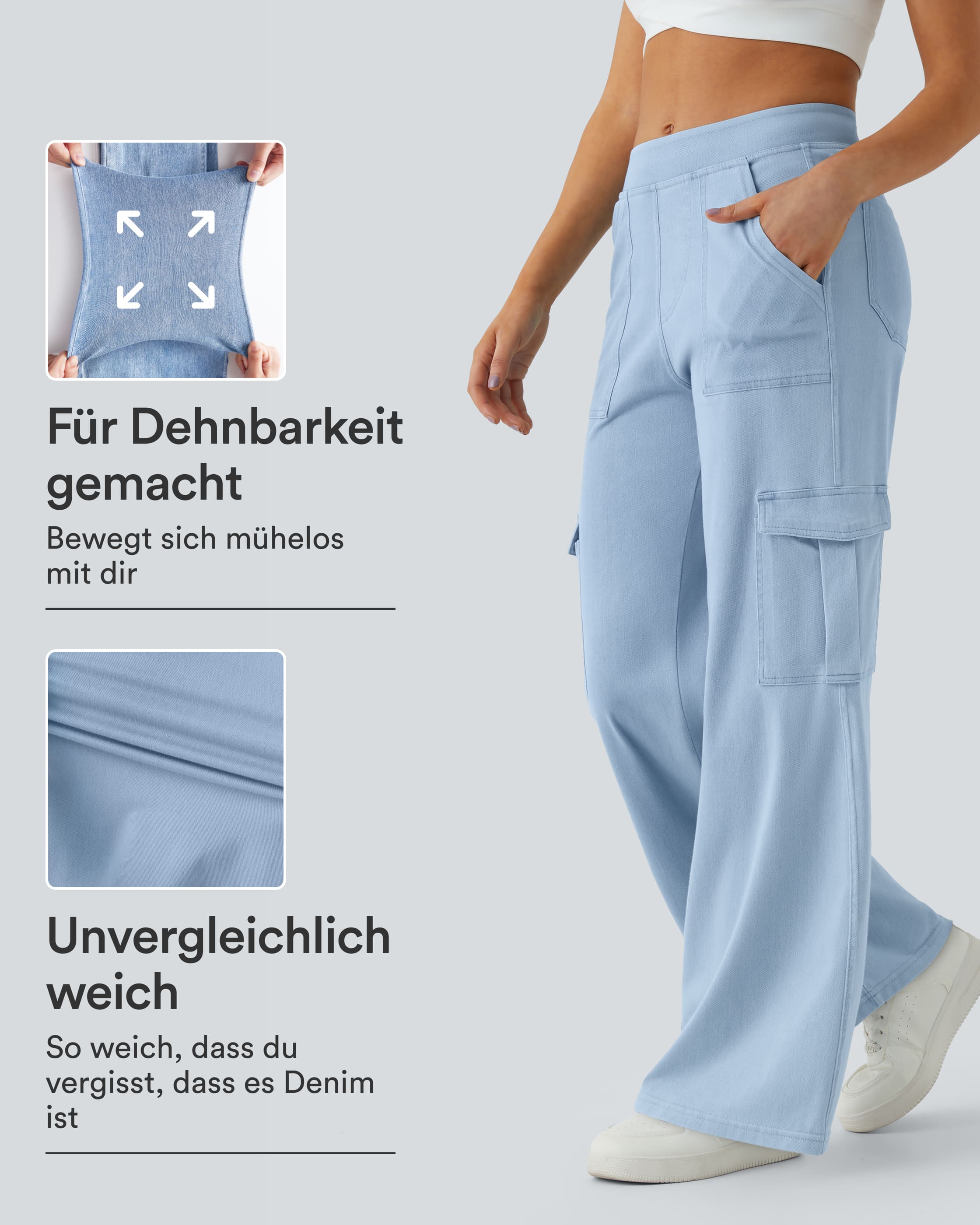 Halara Flex™ lässige Baggy-Hose aus elastischem Strickdenim mit mittelhohem Bund, Cargo-Seitentaschen und geradem Bein