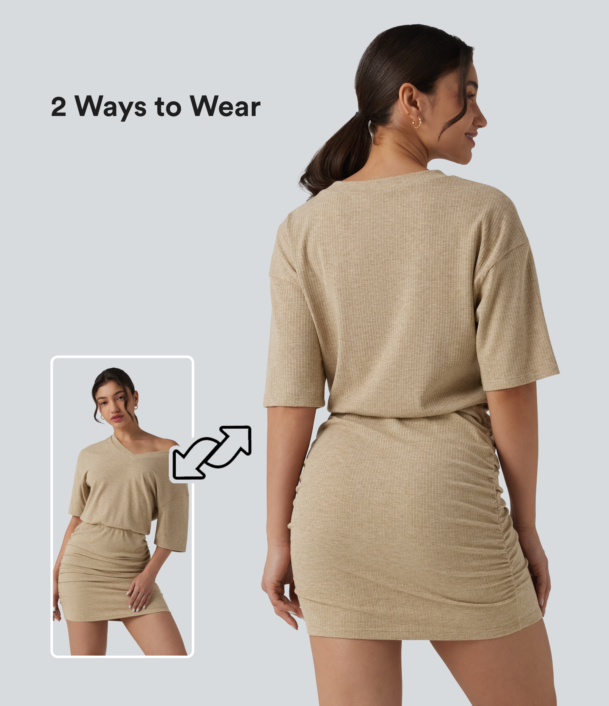 Ribbed Knit V Neck Short Sleeve Ruched Bodycon Mini Casual Dress
